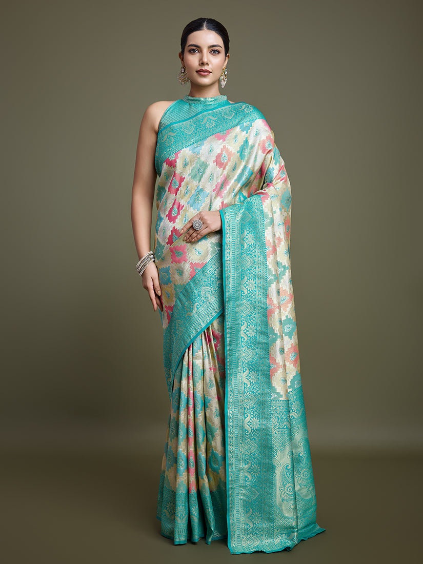 Monjolika Fashion Glamour And Tradition With This Zari Woven Turquoise And Cream Banarasi Silk Saree | Swadesiicart