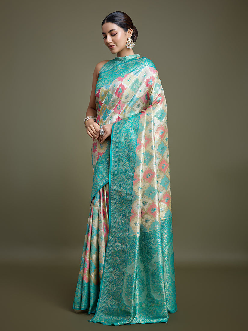 Monjolika Fashion Glamour And Tradition With This Zari Woven Turquoise And Cream Banarasi Silk Saree | Swadesiicart