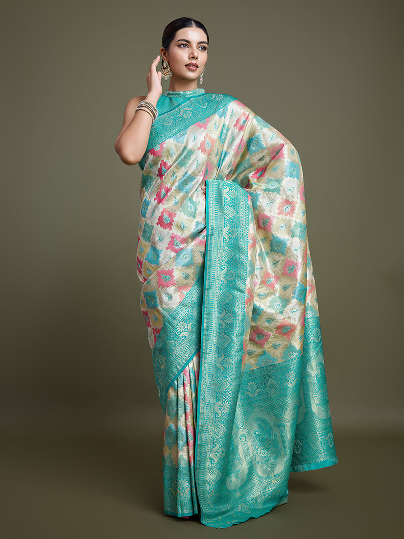 Monjolika Fashion Glamour And Tradition With This Zari Woven Turquoise And Cream Banarasi Silk Saree | Swadesiicart
