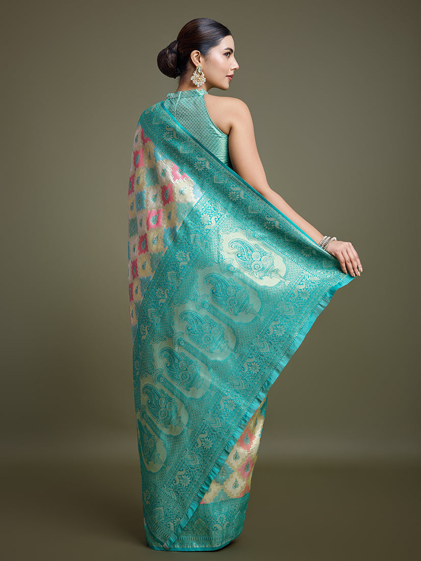 Monjolika Fashion Glamour And Tradition With This Zari Woven Turquoise And Cream Banarasi Silk Saree | Swadesiicart