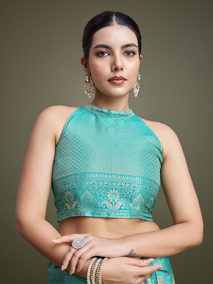 Monjolika Fashion Glamour And Tradition With This Zari Woven Turquoise And Cream Banarasi Silk Saree | Swadesiicart