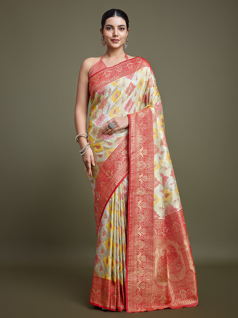 Monjolika Fashion Glamour And Tradition With This Zari Woven Red And Cream Banarasi Silk Saree | Swadesiicart