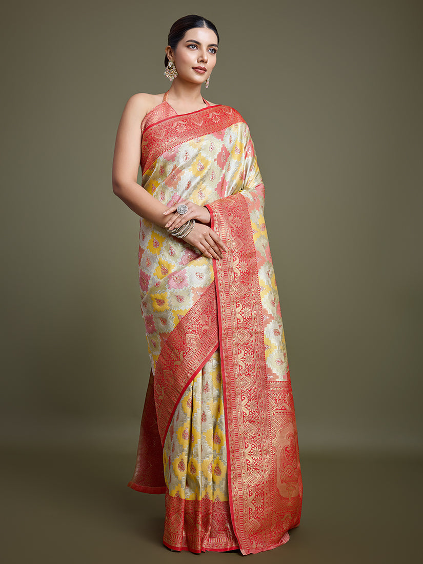 Monjolika Fashion Glamour And Tradition With This Zari Woven Red And Cream Banarasi Silk Saree | Swadesiicart
