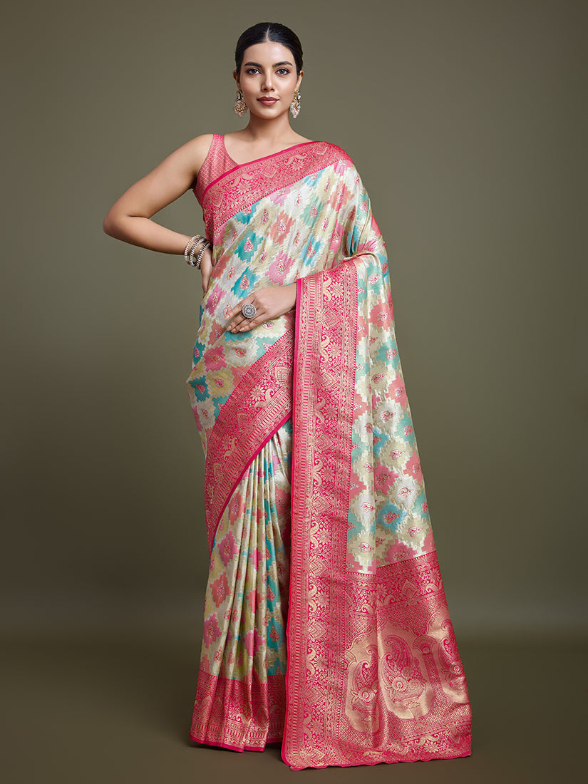 Monjolika Fashion Glamour And Tradition With This Zari Woven Pink And Cream Banarasi Silk Saree | Swadesiicart