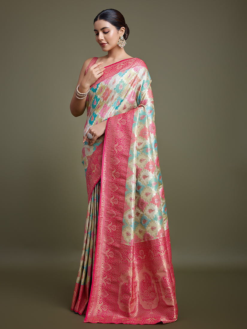Monjolika Fashion Glamour And Tradition With This Zari Woven Pink And Cream Banarasi Silk Saree | Swadesiicart