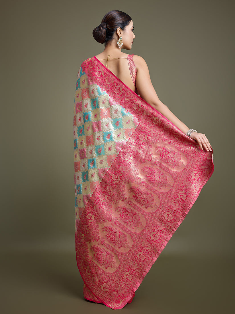 Monjolika Fashion Glamour And Tradition With This Zari Woven Pink And Cream Banarasi Silk Saree | Swadesiicart