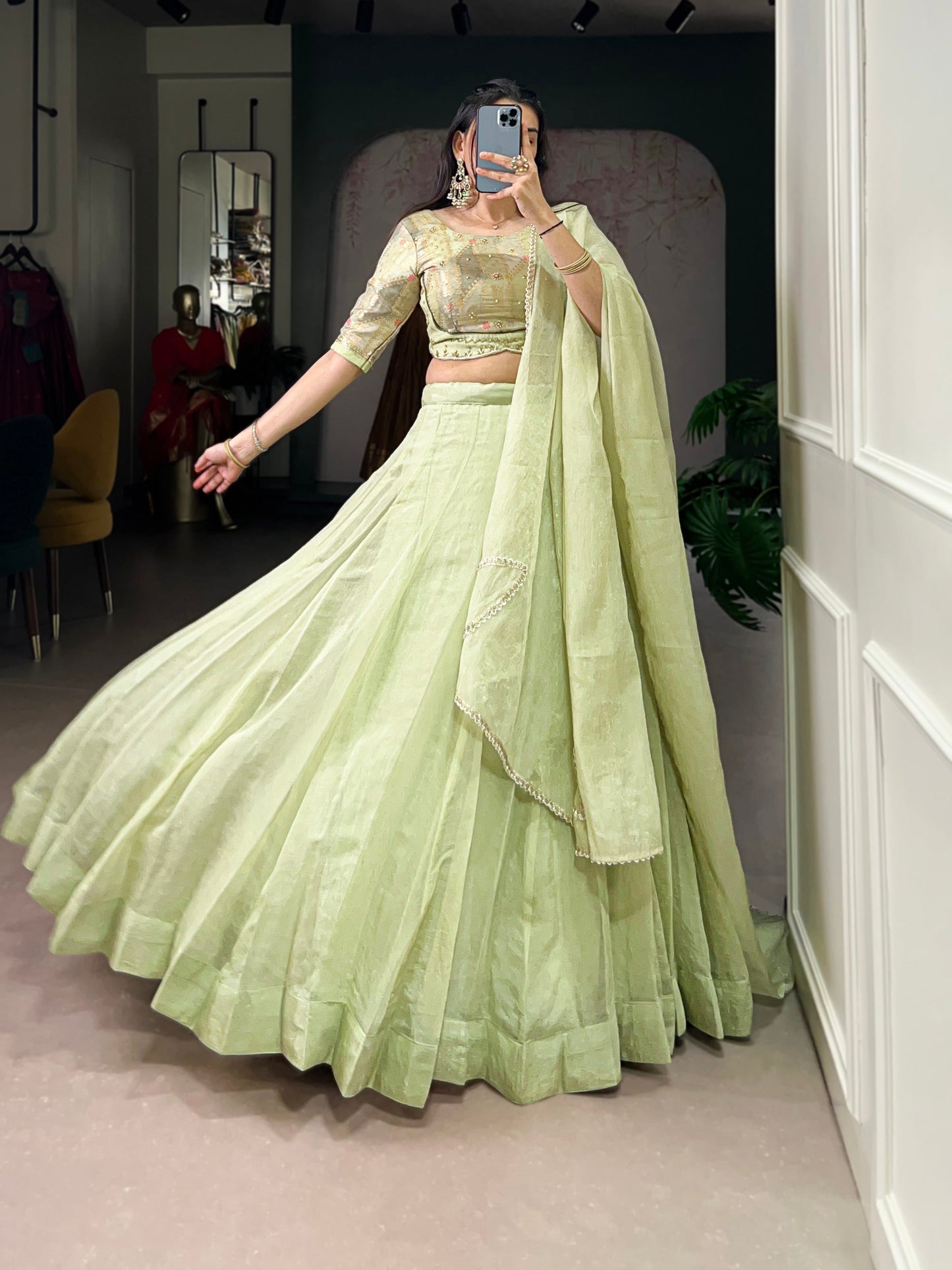 Lorenvalley Fashion Pista Crush Silk Plain Lehenga Choli with Dupatta - Swadesiicart