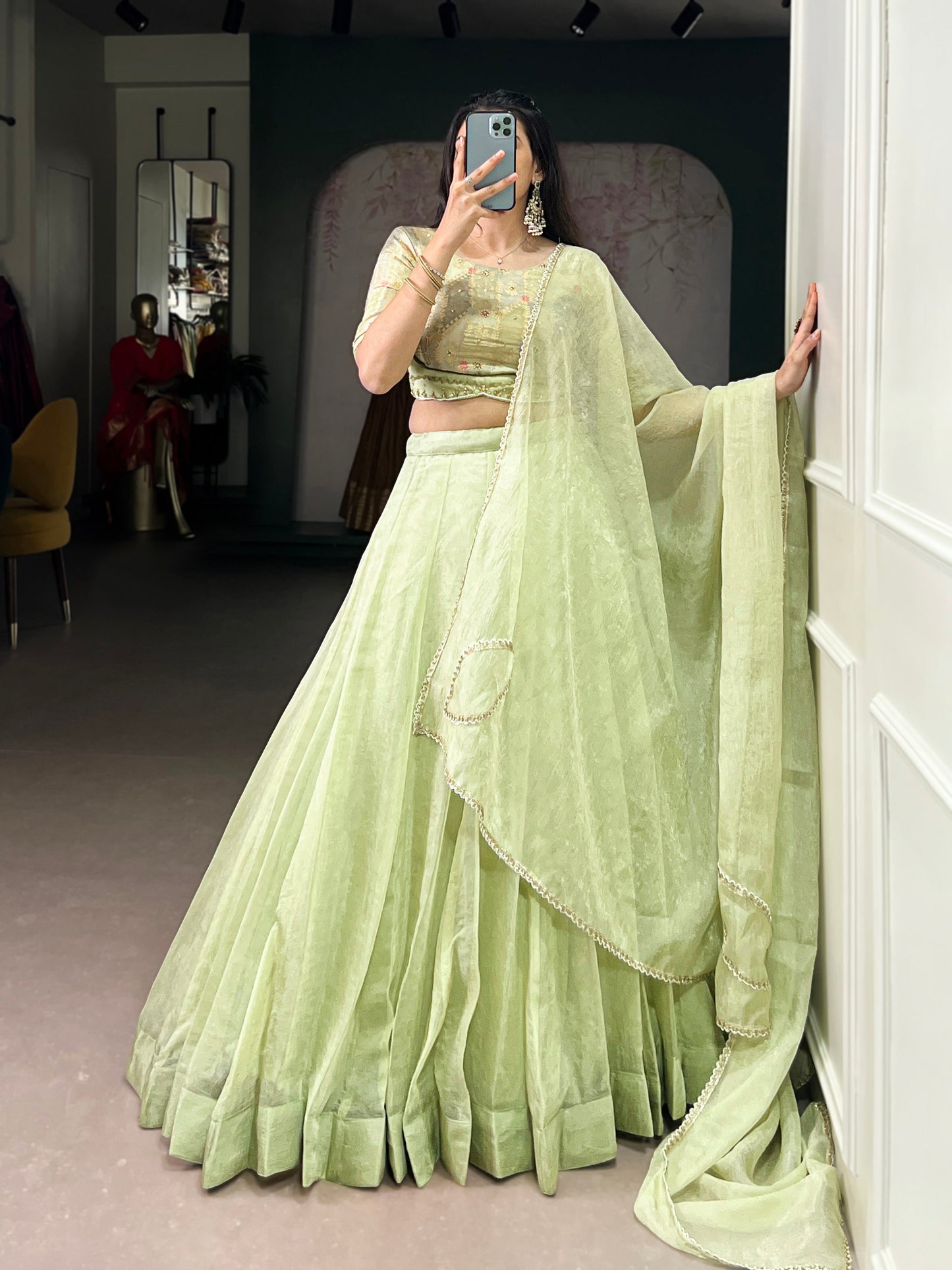 Lorenvalley Fashion Pista Crush Silk Plain Lehenga Choli with Dupatta - Swadesiicart