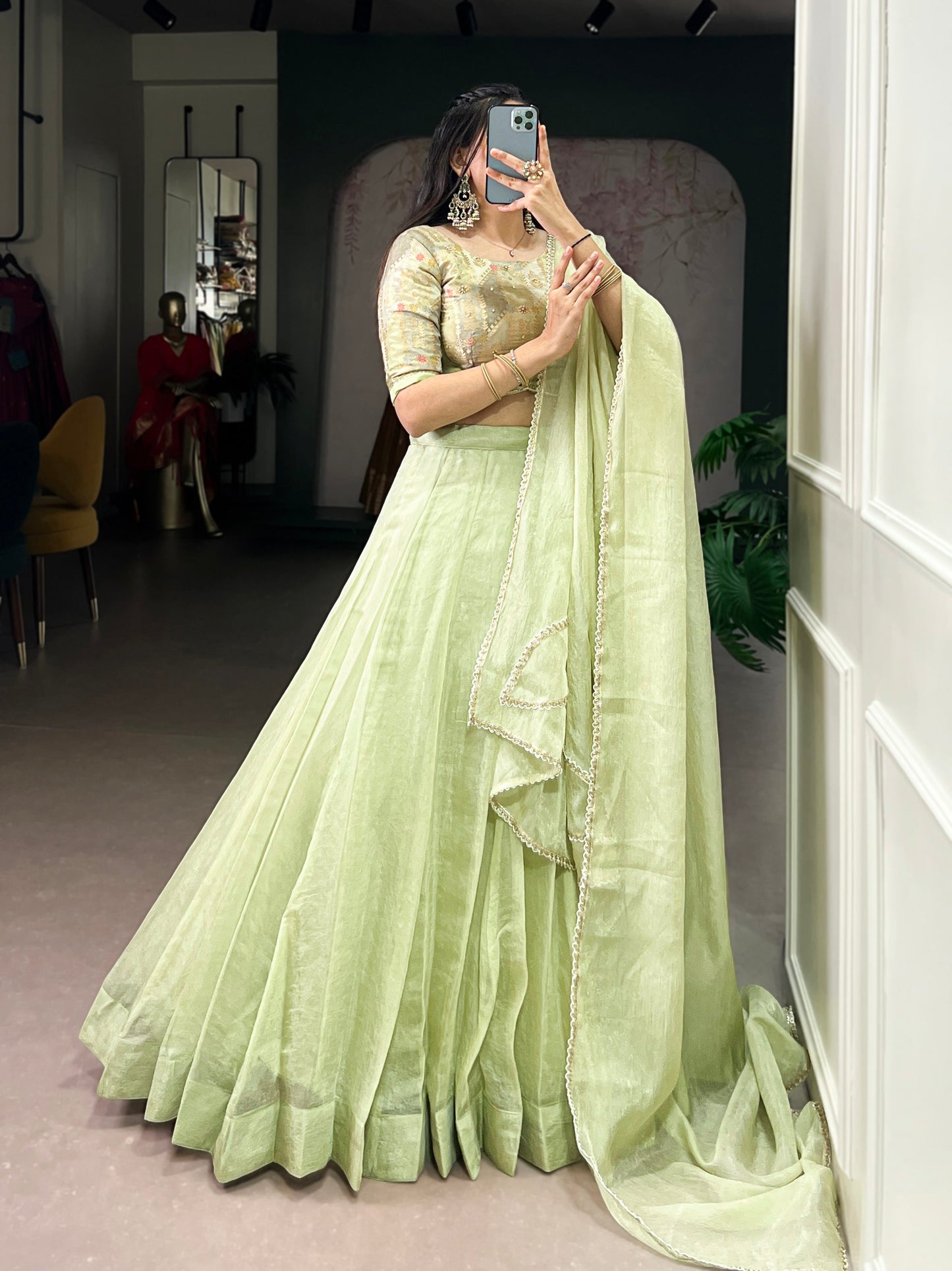 Lorenvalley Fashion Pista Crush Silk Plain Lehenga Choli with Dupatta - Swadesiicart