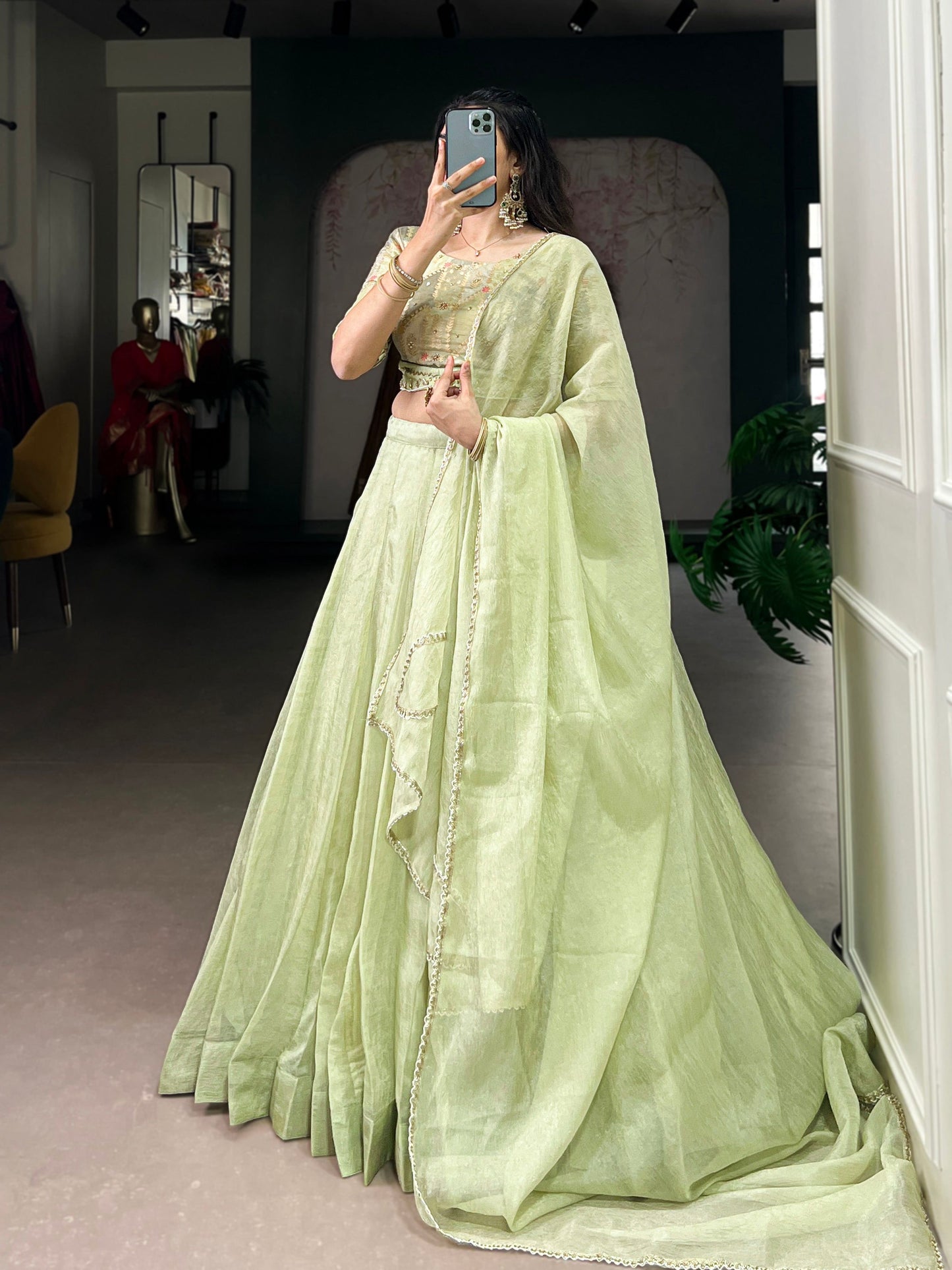 Lorenvalley Fashion Pista Crush Silk Plain Lehenga Choli with Dupatta - Swadesiicart