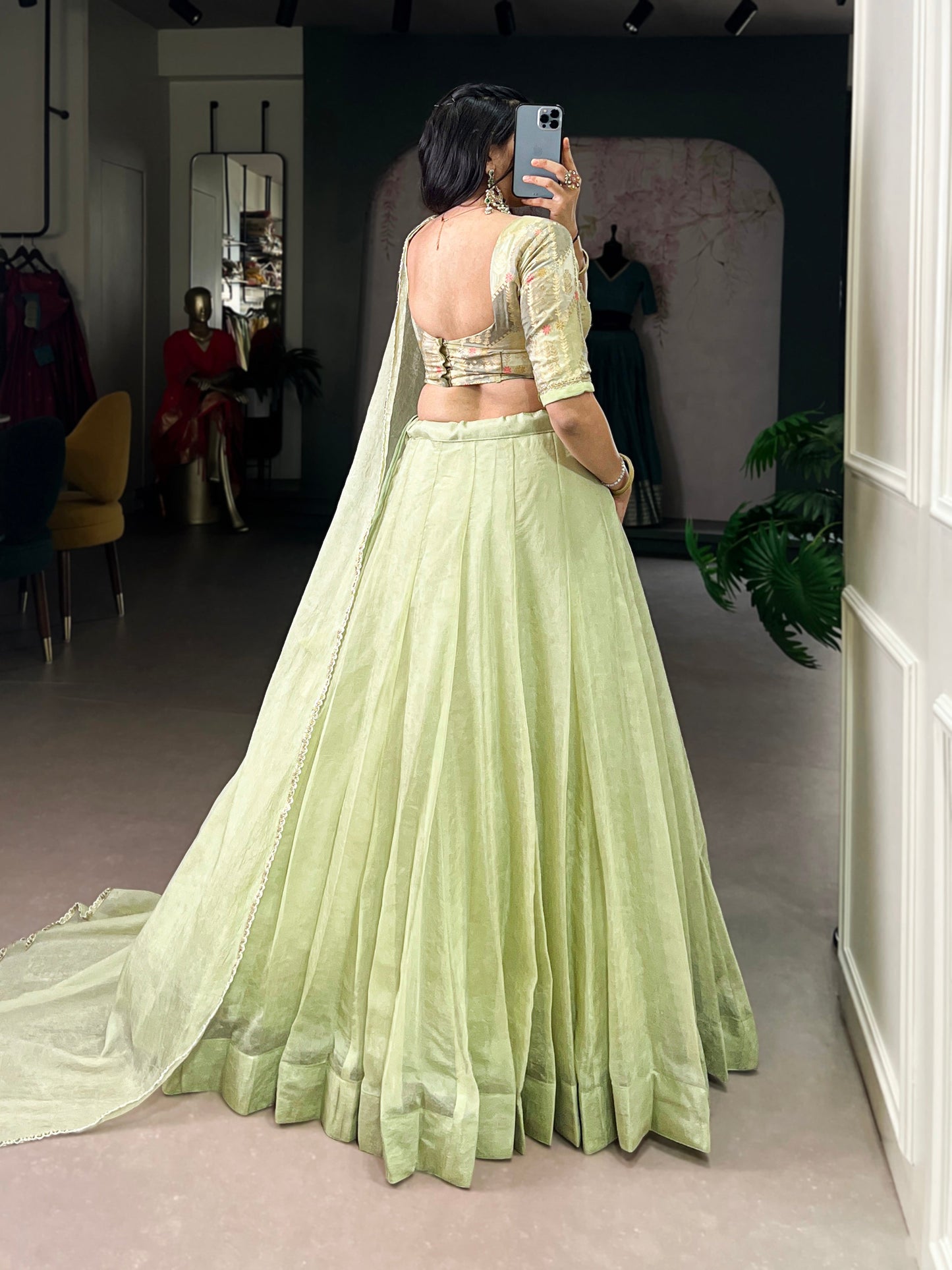 Lorenvalley Fashion Pista Crush Silk Plain Lehenga Choli with Dupatta - Swadesiicart