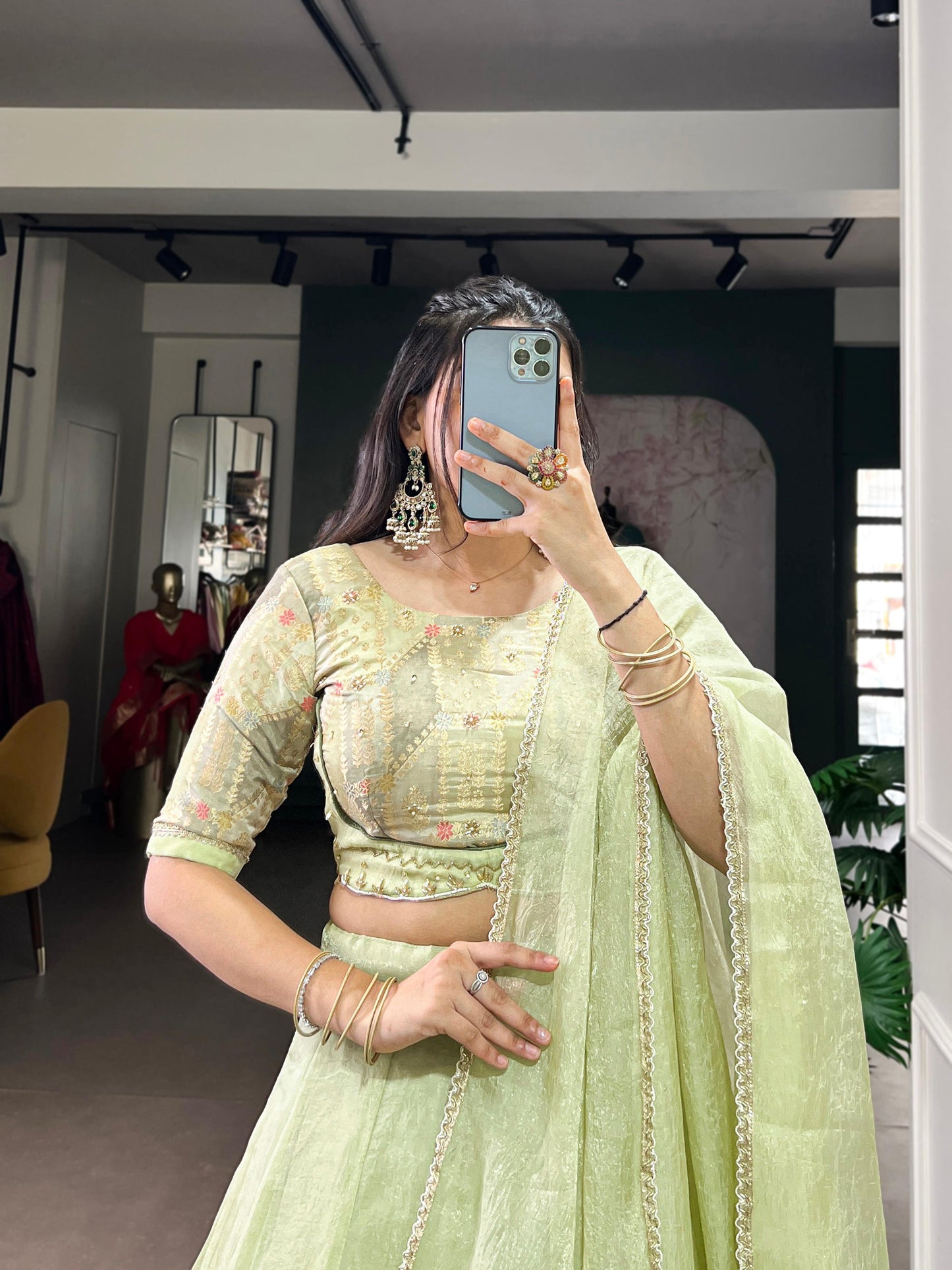 Lorenvalley Fashion Pista Crush Silk Plain Lehenga Choli with Dupatta - Swadesiicart