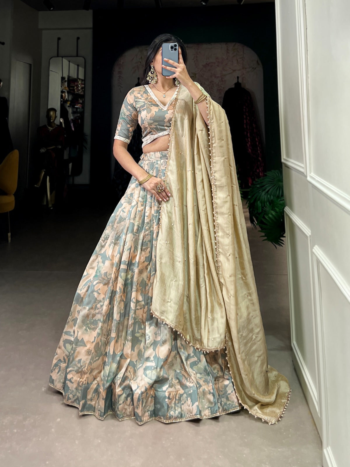 Lorenvalley Seagreen Tussar Silk Printed with Lace Touch Up Lehenga Choli | Swadesiicart