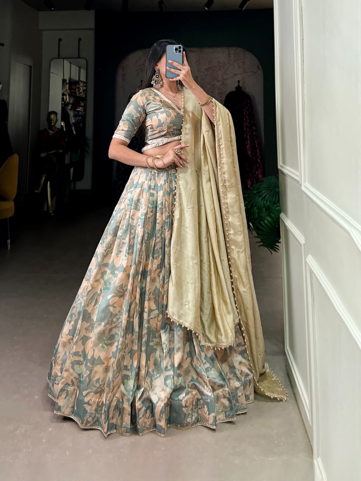 Lorenvalley Seagreen Tussar Silk Printed with Lace Touch Up Lehenga Choli | Swadesiicart