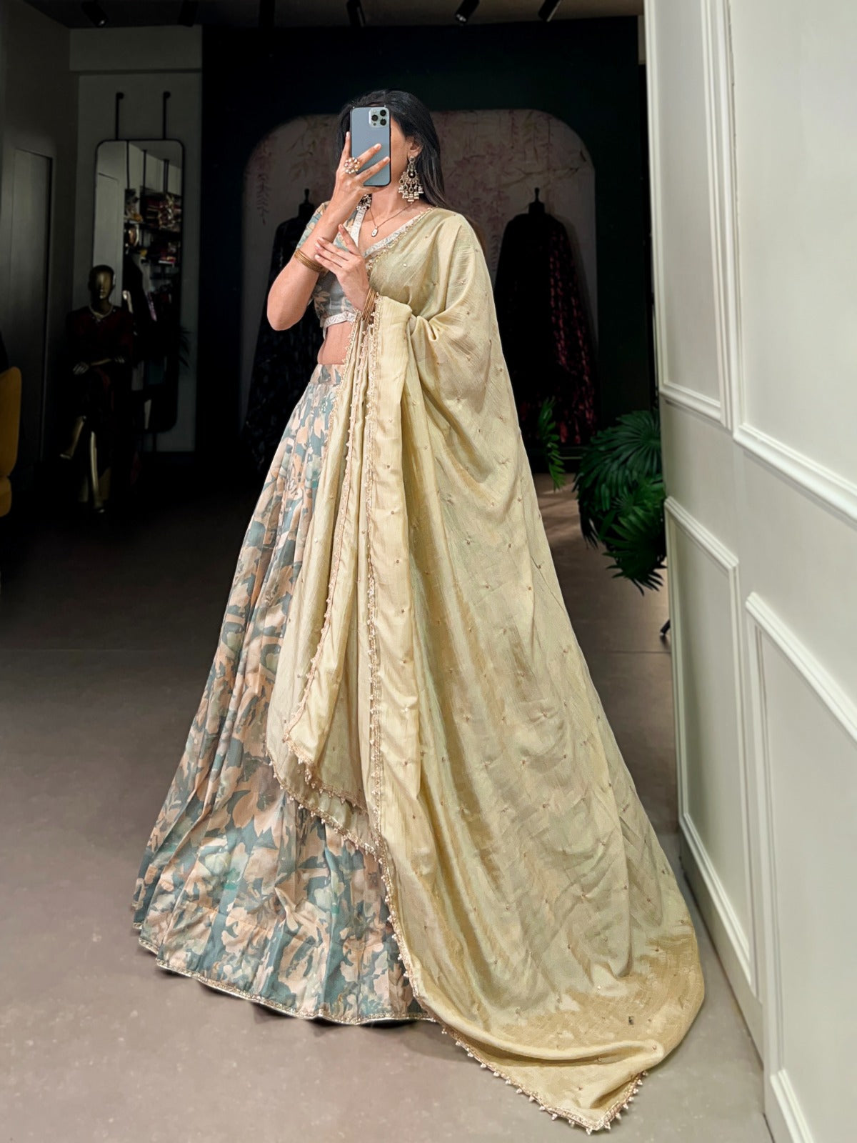 Lorenvalley Seagreen Tussar Silk Printed with Lace Touch Up Lehenga Choli | Swadesiicart