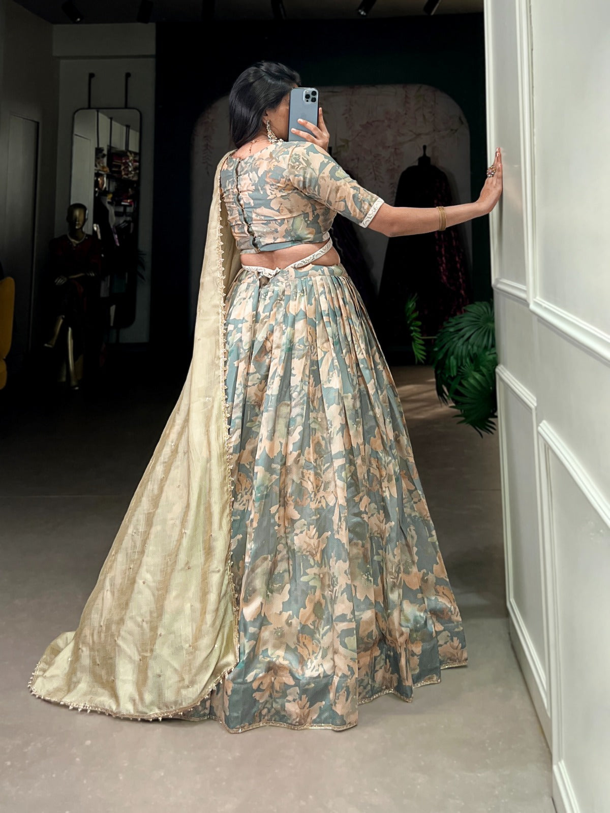 Lorenvalley Seagreen Tussar Silk Printed with Lace Touch Up Lehenga Choli | Swadesiicart