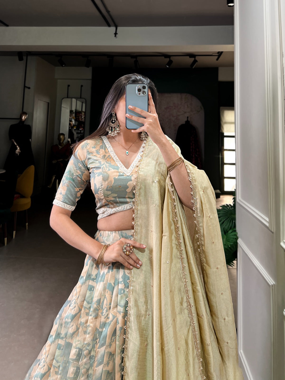 Lorenvalley Seagreen Tussar Silk Printed with Lace Touch Up Lehenga Choli | Swadesiicart