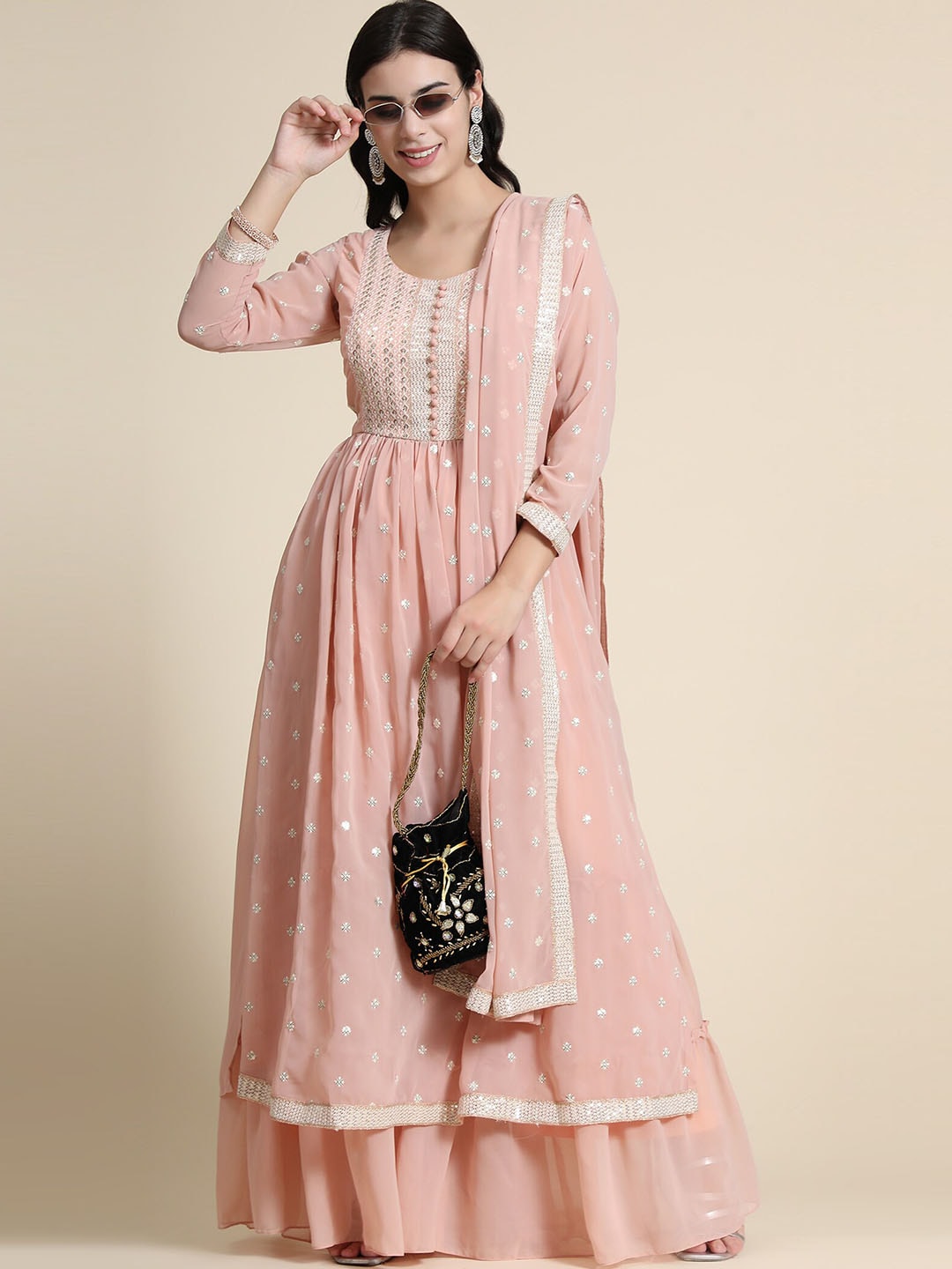 Kalini Ethnic Motifs Embroidered Regular Sequinned Kurta With Sharara & Dupatta | Swadesiicart
