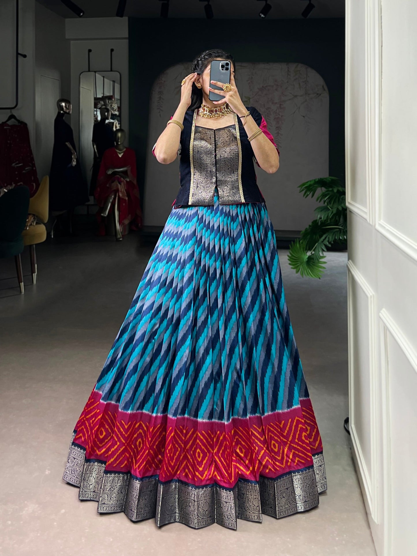 Lorenvalley Fashion Firozi Tasar Silk Leheriya Print With Zari Weaving Work Lehenga Choli - Swadesiicart