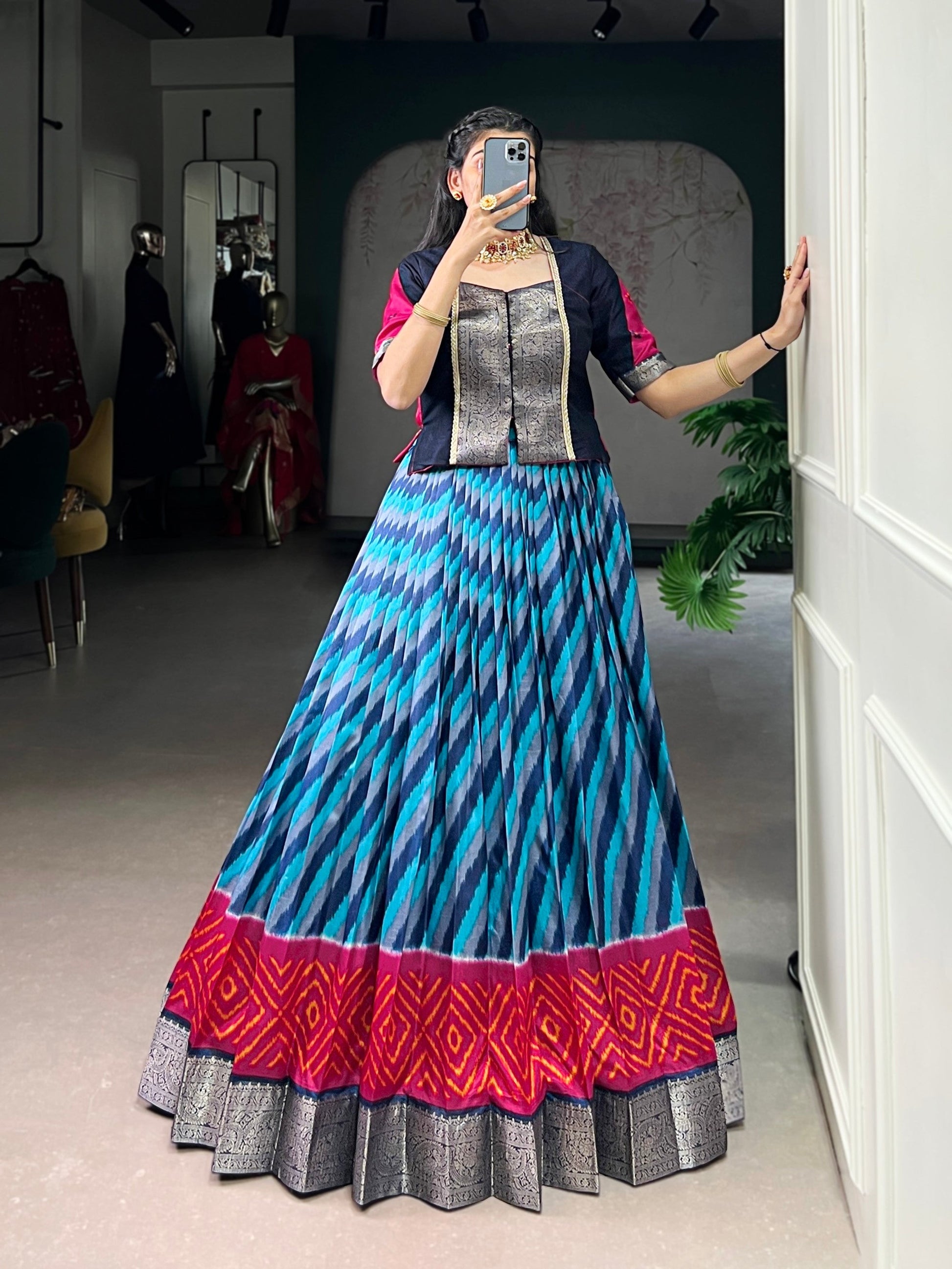 Lorenvalley Fashion Firozi Tasar Silk Leheriya Print With Zari Weaving Work Lehenga Choli - Swadesiicart
