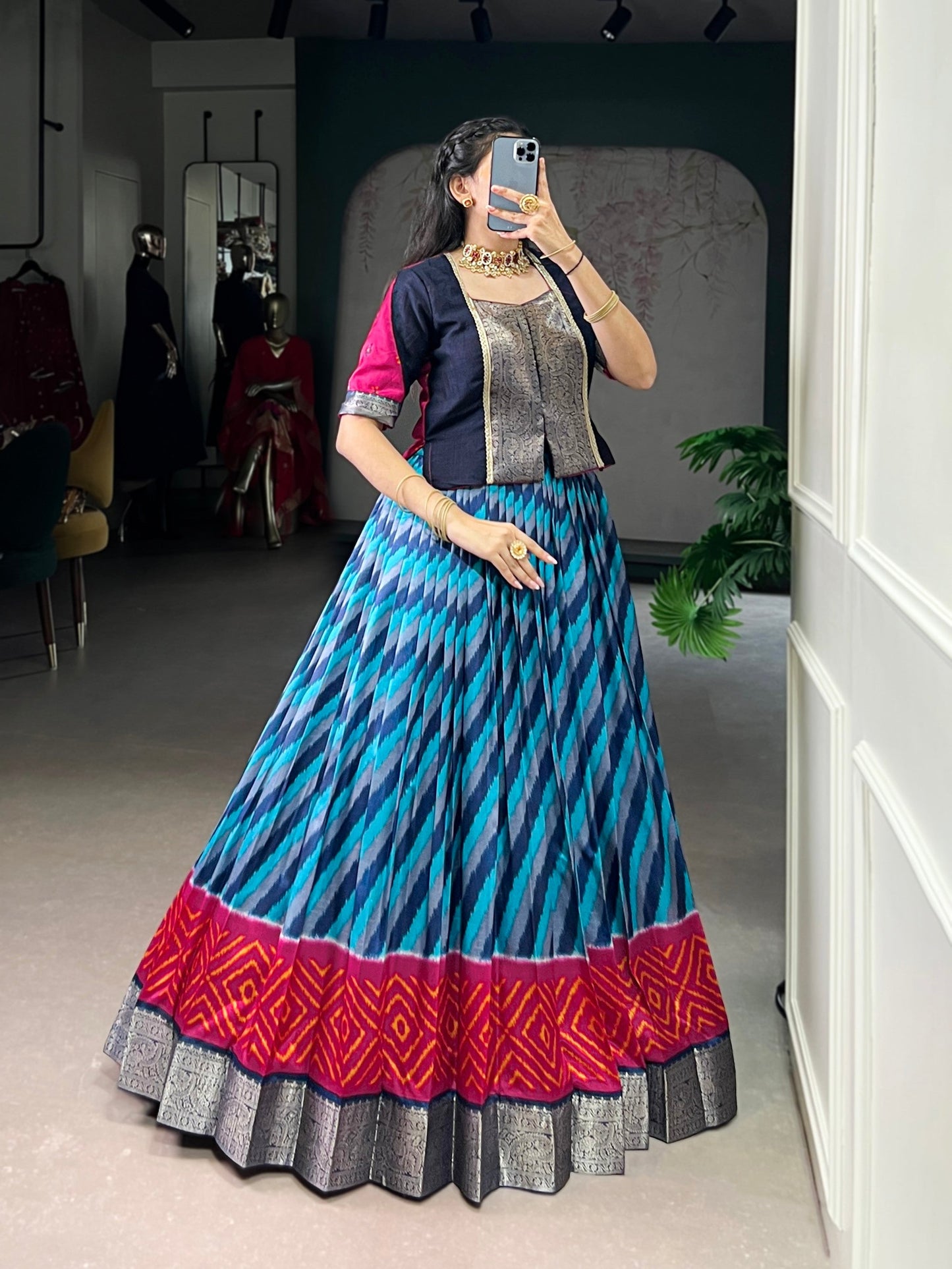 Lorenvalley Fashion Firozi Tasar Silk Leheriya Print With Zari Weaving Work Lehenga Choli - Swadesiicart