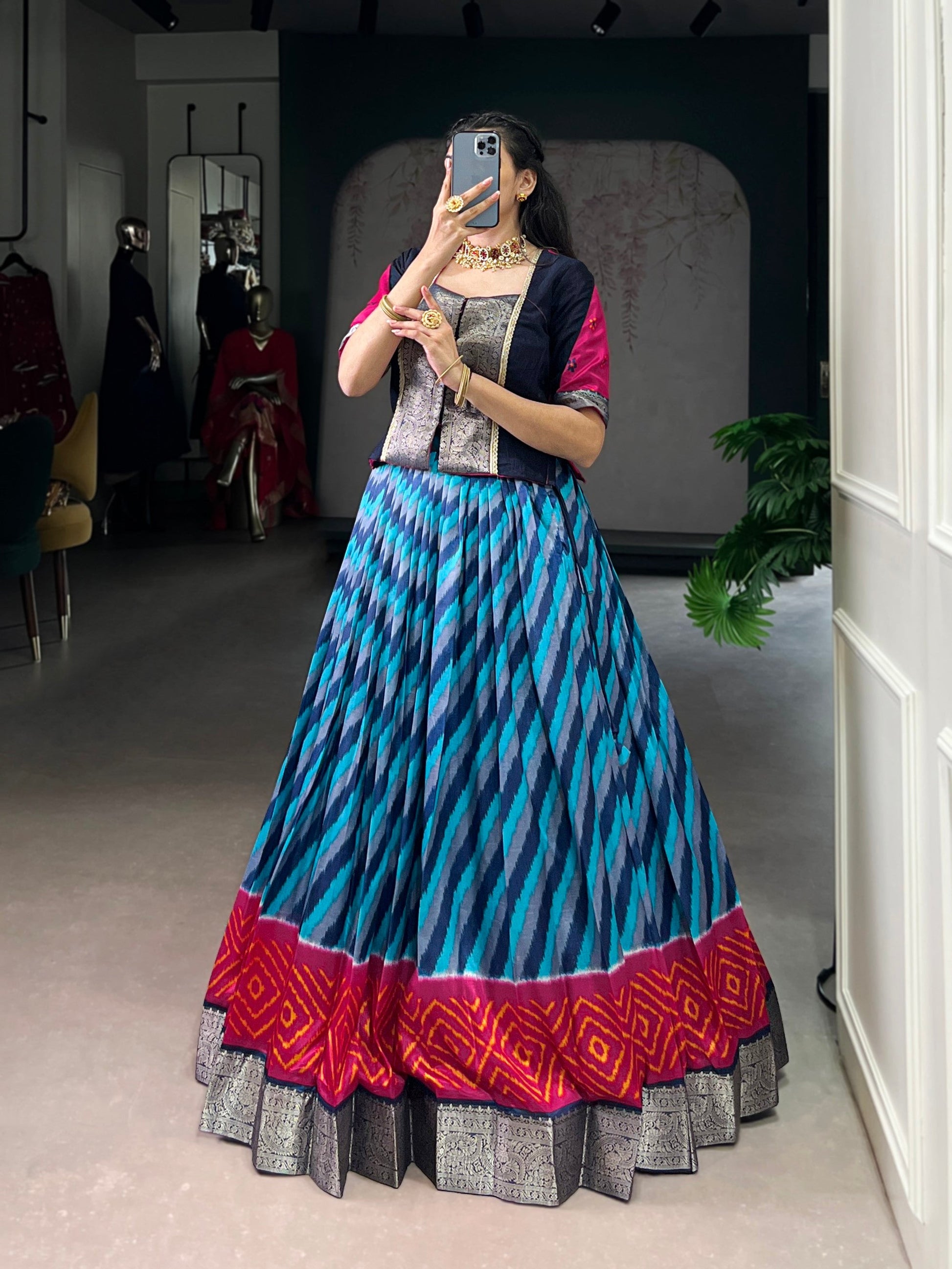 Lorenvalley Fashion Firozi Tasar Silk Leheriya Print With Zari Weaving Work Lehenga Choli - Swadesiicart