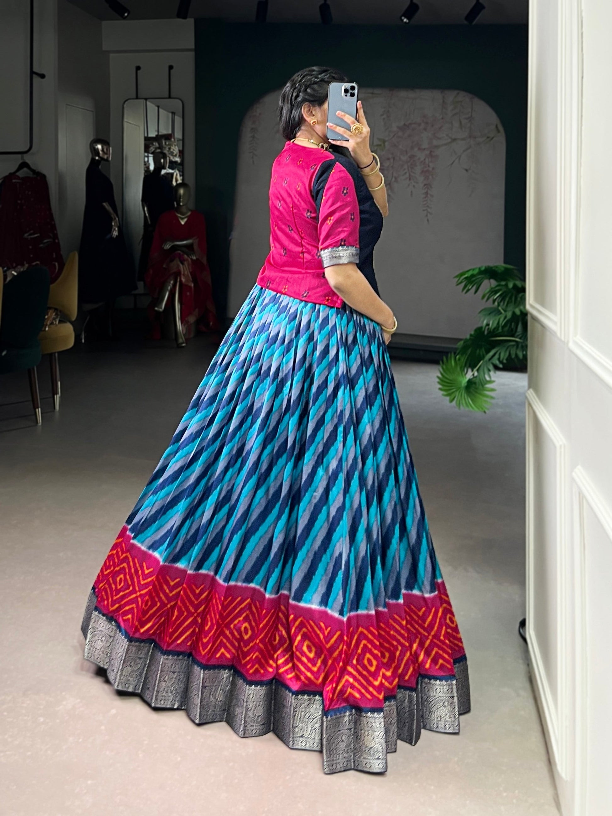 Lorenvalley Fashion Firozi Tasar Silk Leheriya Print With Zari Weaving Work Lehenga Choli - Swadesiicart