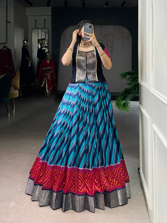 Lorenvalley Fashion Firozi Tasar Silk Leheriya Print With Zari Weaving Work Lehenga Choli - Swadesiicart