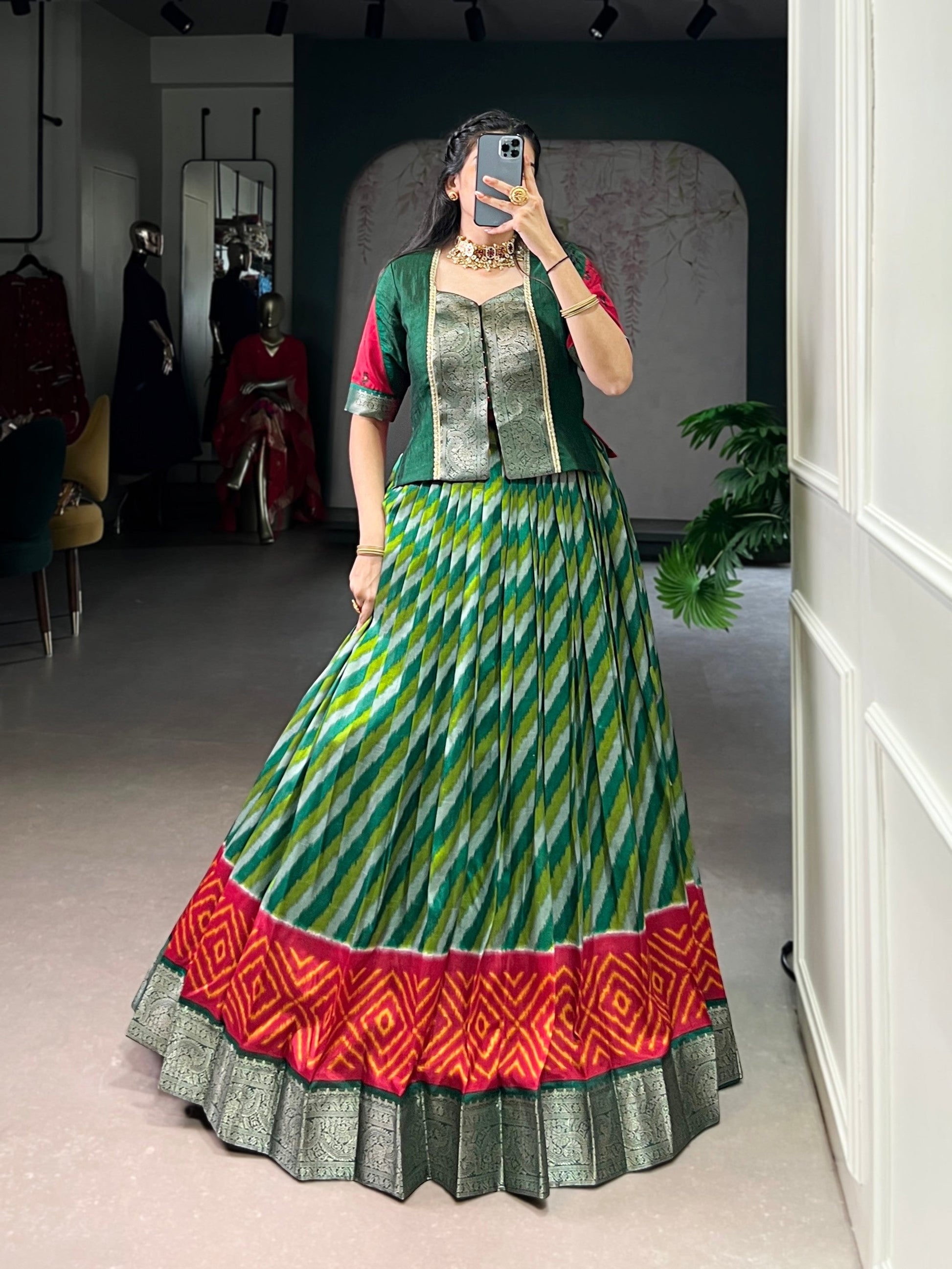 Lorenvalley Fashion Green Tasar Silk Leheriya Print With Zari Weaving Work Lehenga Choli - Swadesiicart