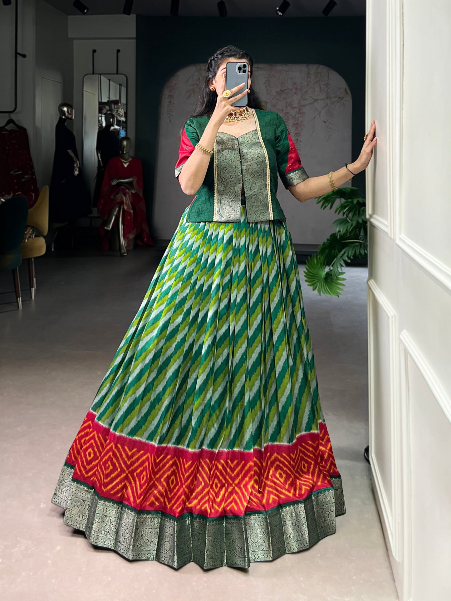 Lorenvalley Fashion Green Tasar Silk Leheriya Print With Zari Weaving Work Lehenga Choli - Swadesiicart