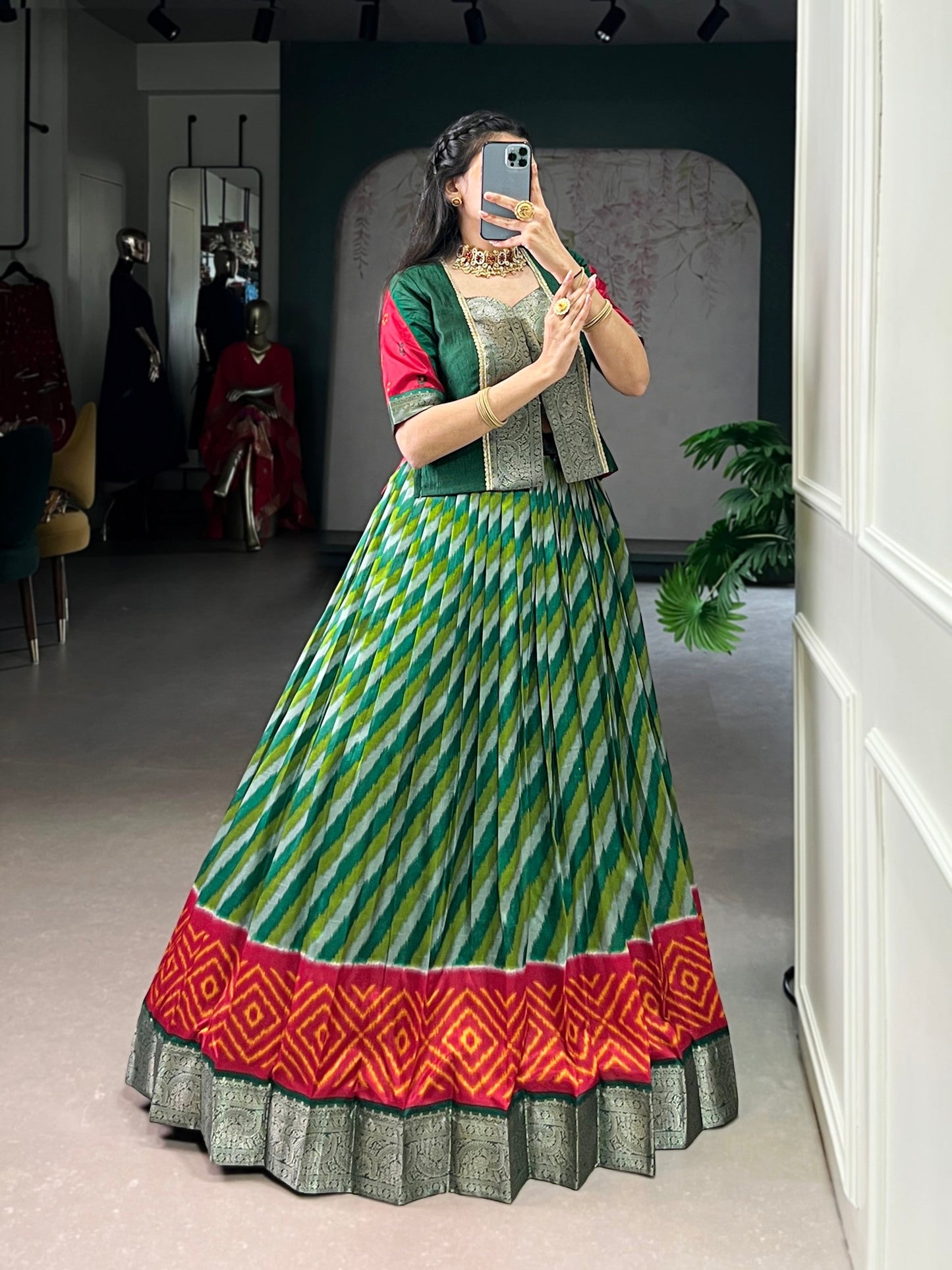 Lorenvalley Fashion Green Tasar Silk Leheriya Print With Zari Weaving Work Lehenga Choli - Swadesiicart