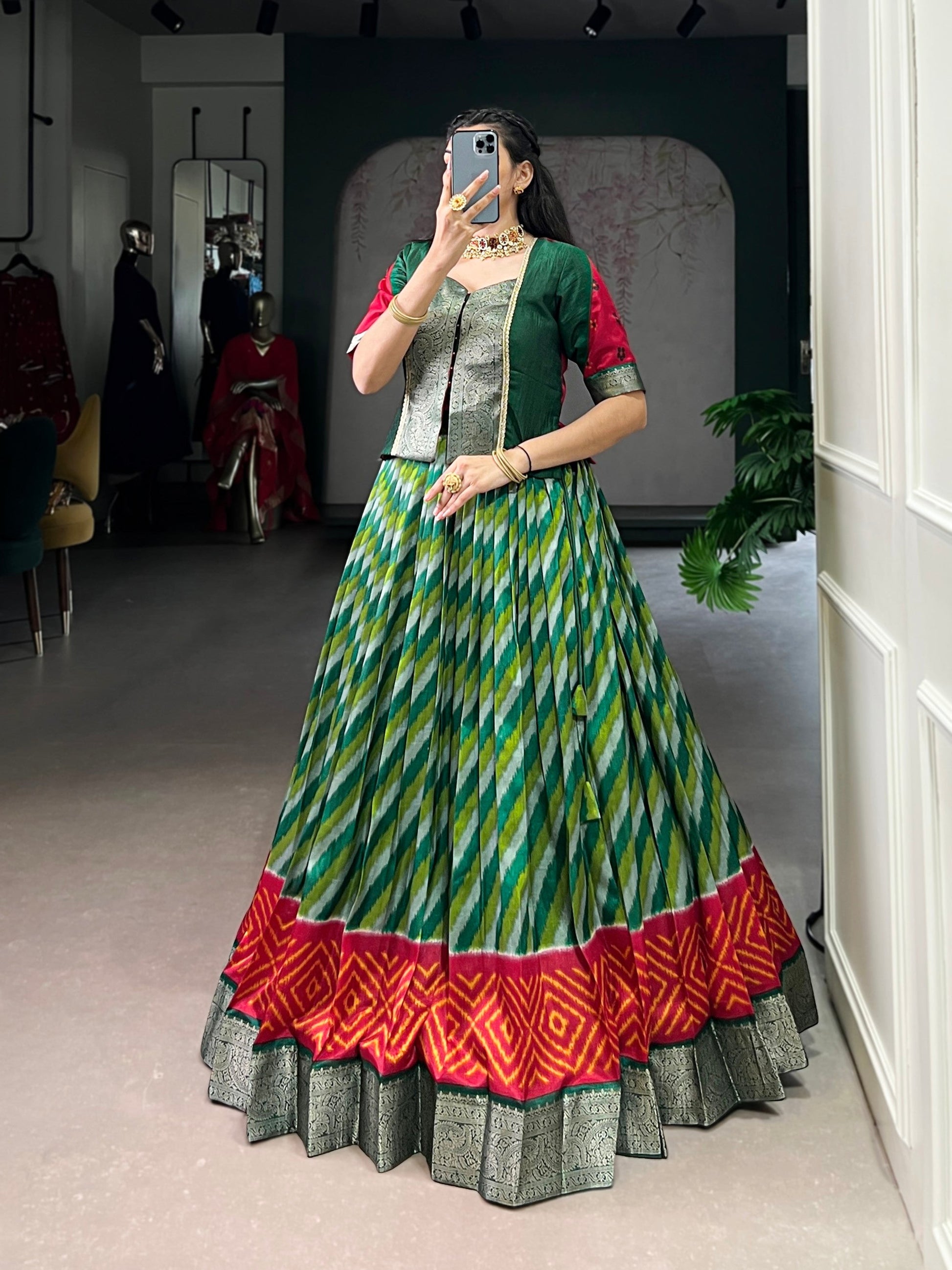 Lorenvalley Fashion Green Tasar Silk Leheriya Print With Zari Weaving Work Lehenga Choli - Swadesiicart