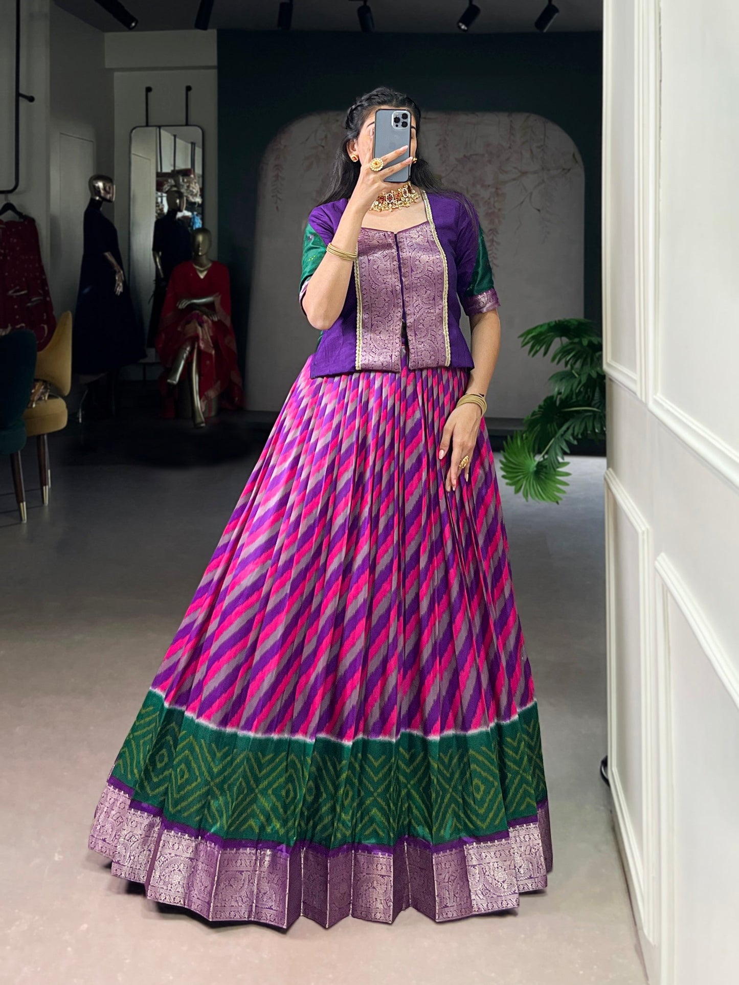 Lorenvalley Fashion Purple Tasar Silk Leheriya Print With Zari Weaving Work Lehenga Choli - Swadesiicart