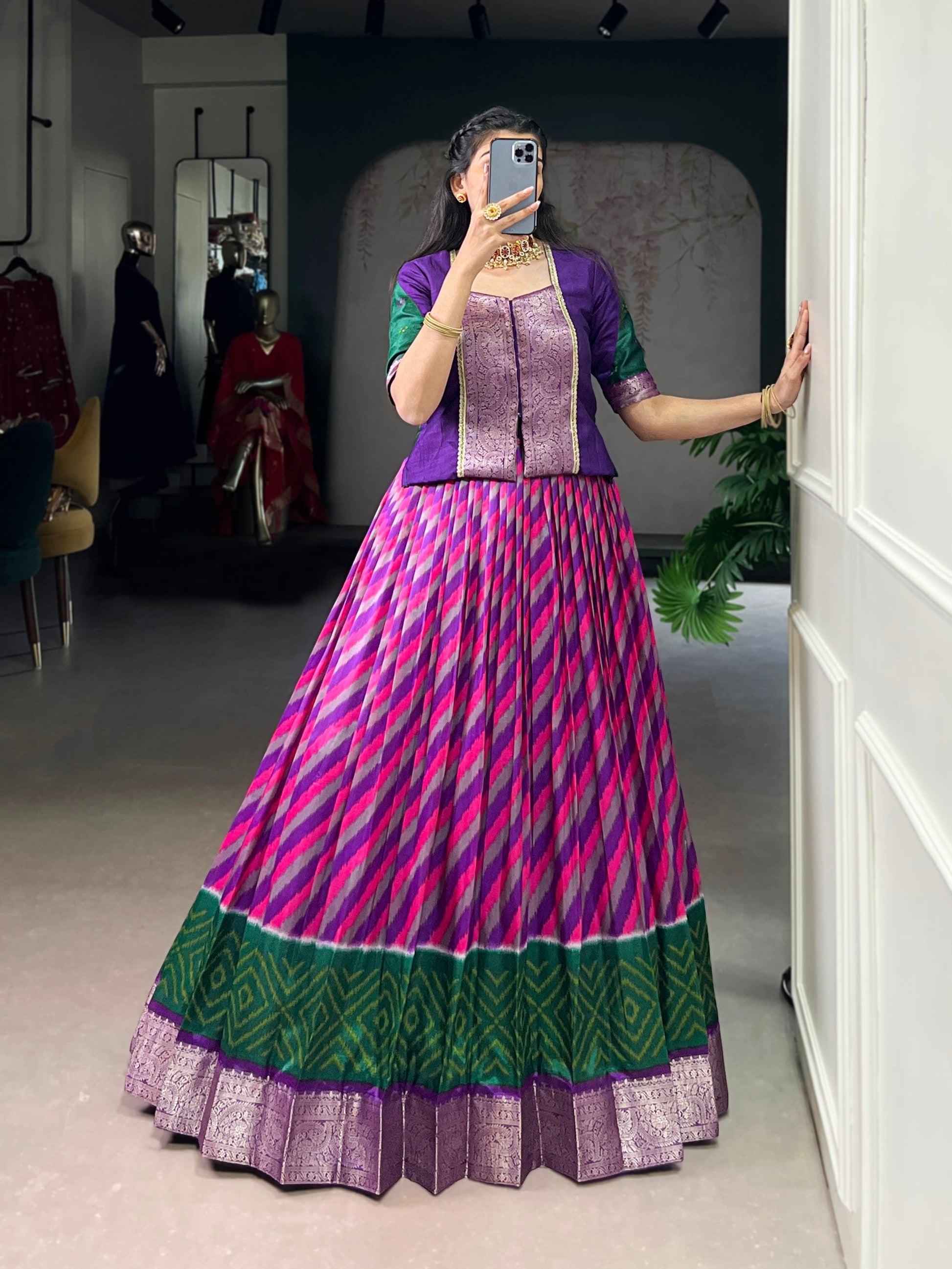 Lorenvalley Fashion Purple Tasar Silk Leheriya Print With Zari Weaving Work Lehenga Choli - Swadesiicart