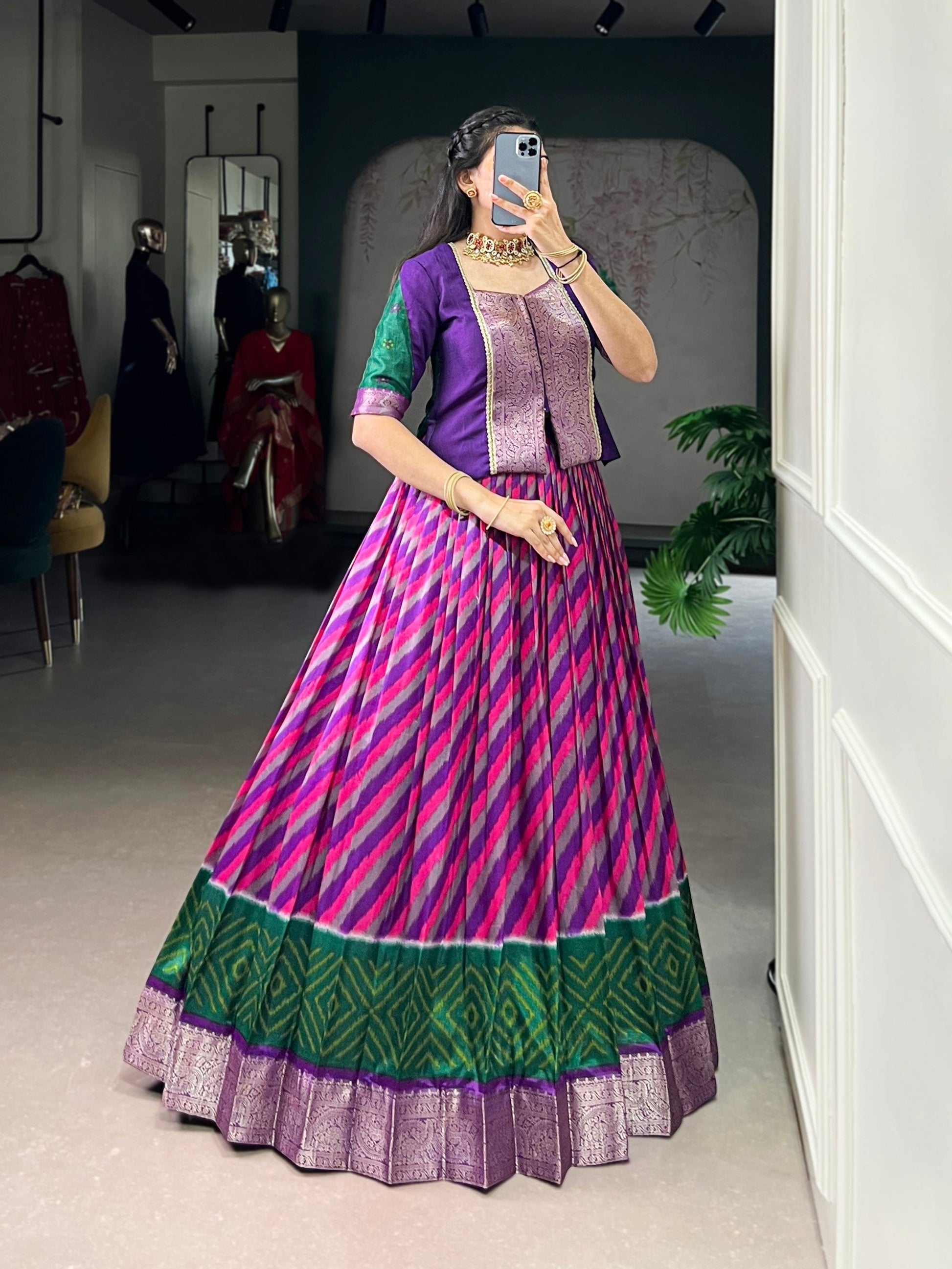 Lorenvalley Fashion Purple Tasar Silk Leheriya Print With Zari Weaving Work Lehenga Choli - Swadesiicart