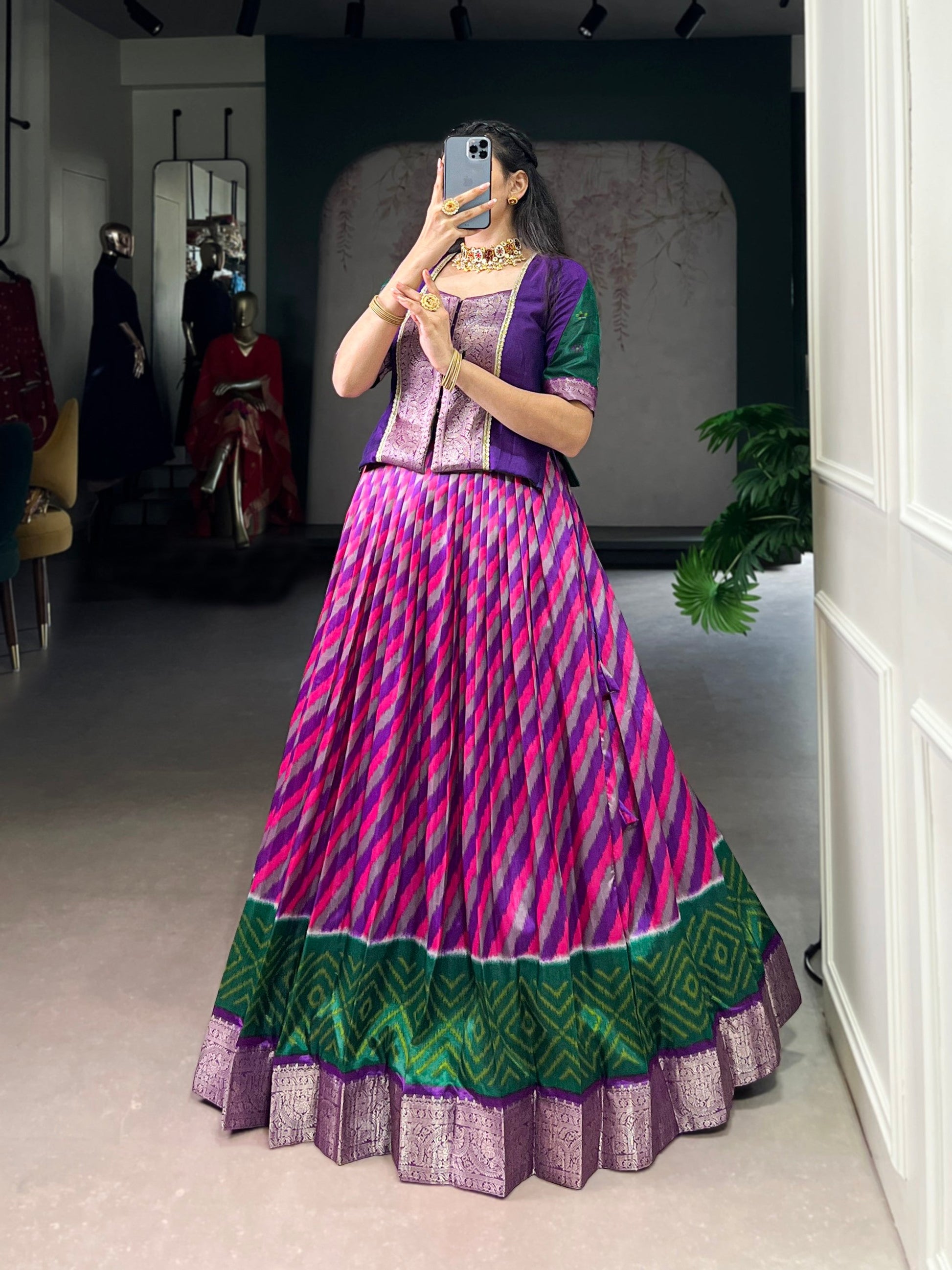 Lorenvalley Fashion Purple Tasar Silk Leheriya Print With Zari Weaving Work Lehenga Choli - Swadesiicart