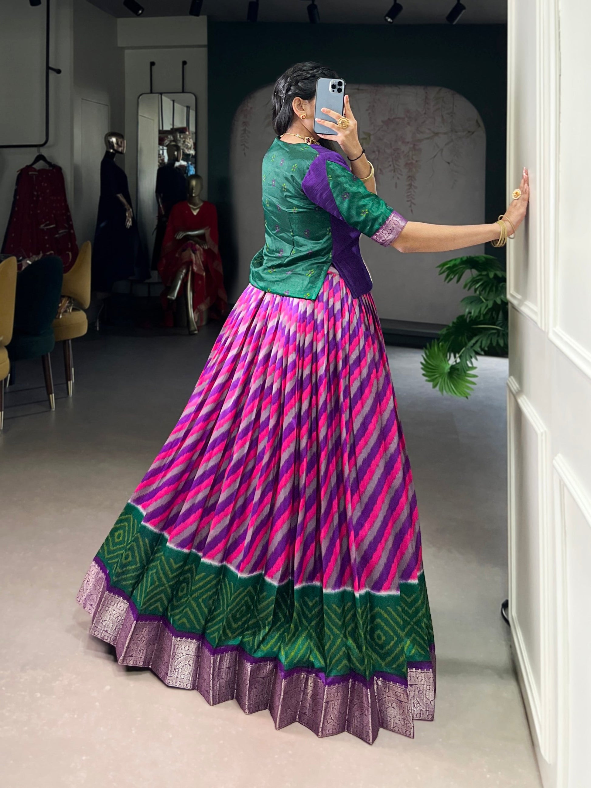 Lorenvalley Fashion Purple Tasar Silk Leheriya Print With Zari Weaving Work Lehenga Choli - Swadesiicart