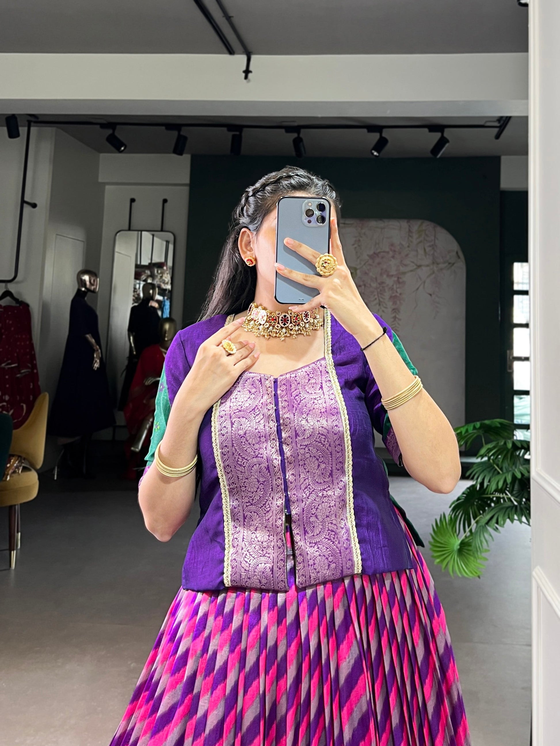 Lorenvalley Fashion Purple Tasar Silk Leheriya Print With Zari Weaving Work Lehenga Choli - Swadesiicart