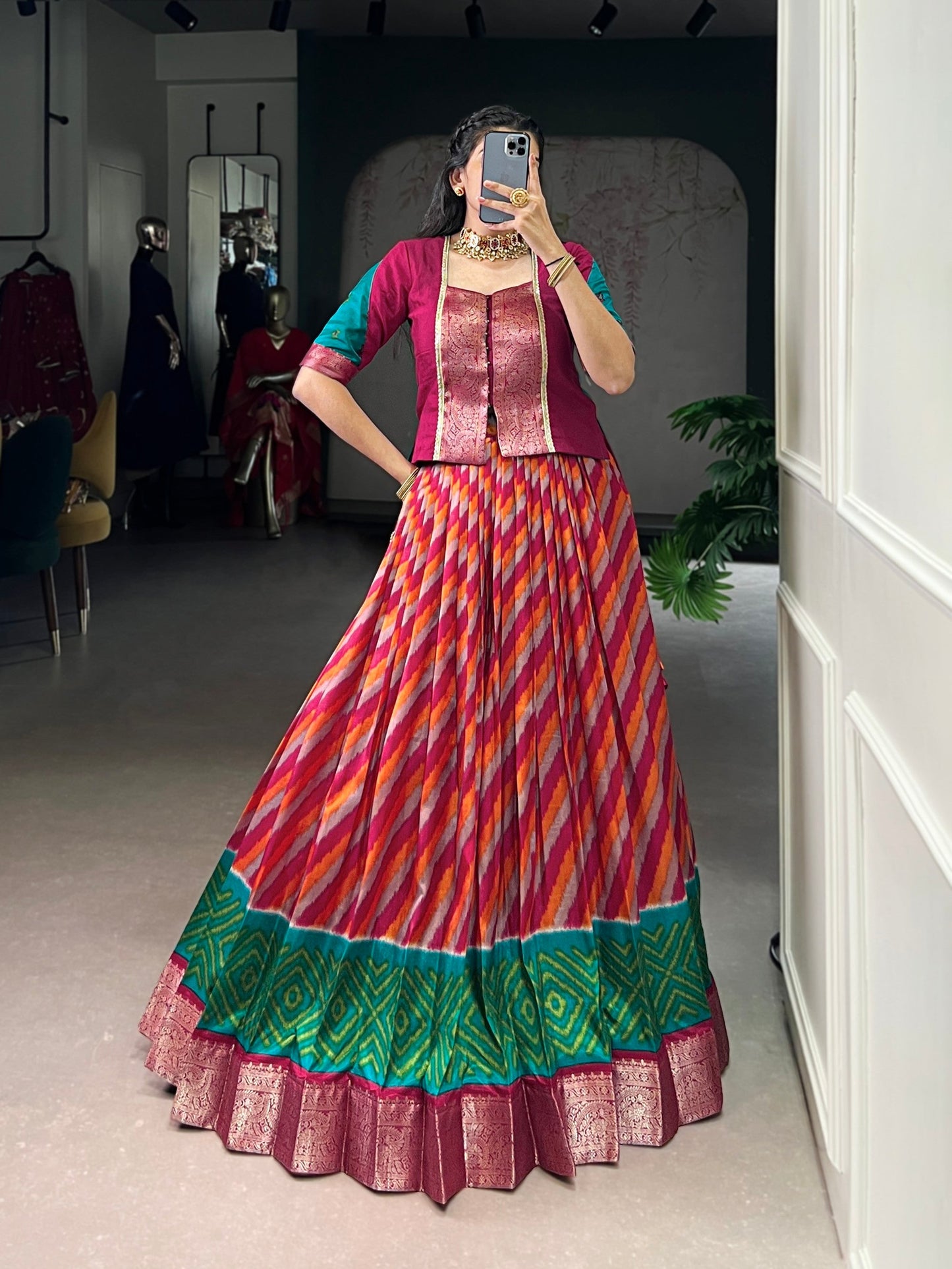 Lorenvalley Fashion Red Tasar Silk Leheriya Print With Zari Weaving Work Lehenga Choli - Swadesiicart