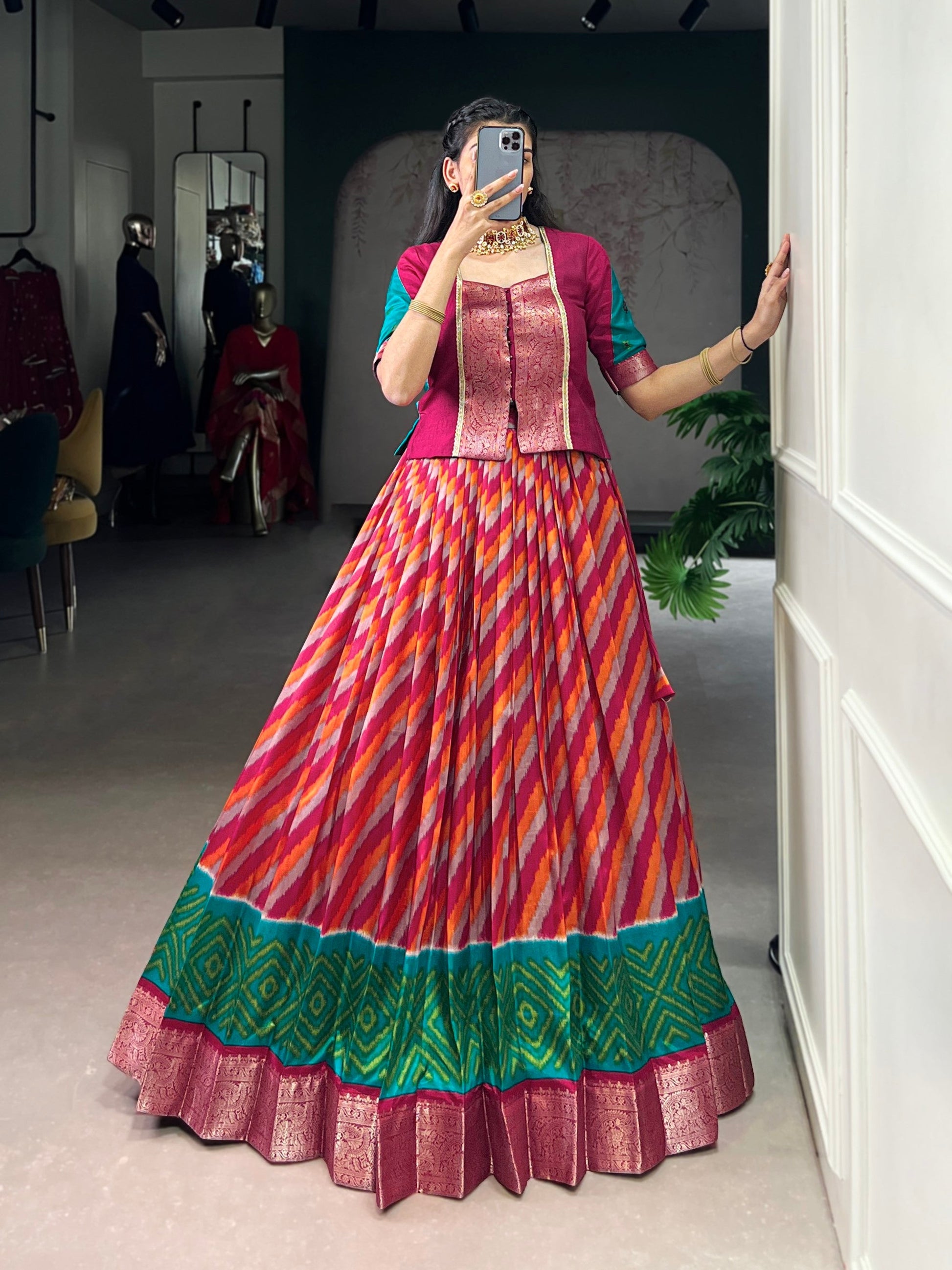 Lorenvalley Fashion Red Tasar Silk Leheriya Print With Zari Weaving Work Lehenga Choli - Swadesiicart