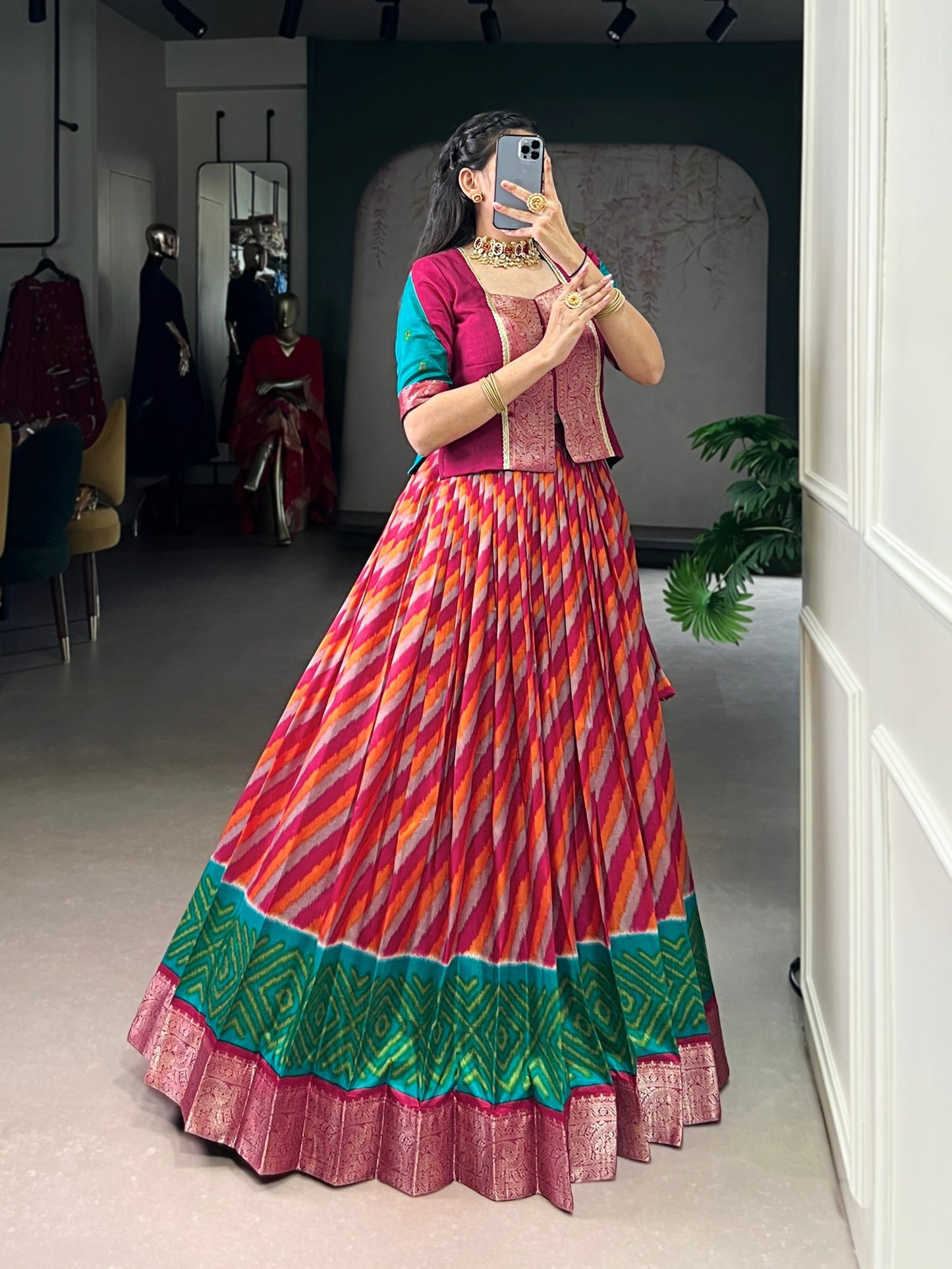 Lorenvalley Fashion Red Tasar Silk Leheriya Print With Zari Weaving Work Lehenga Choli - Swadesiicart