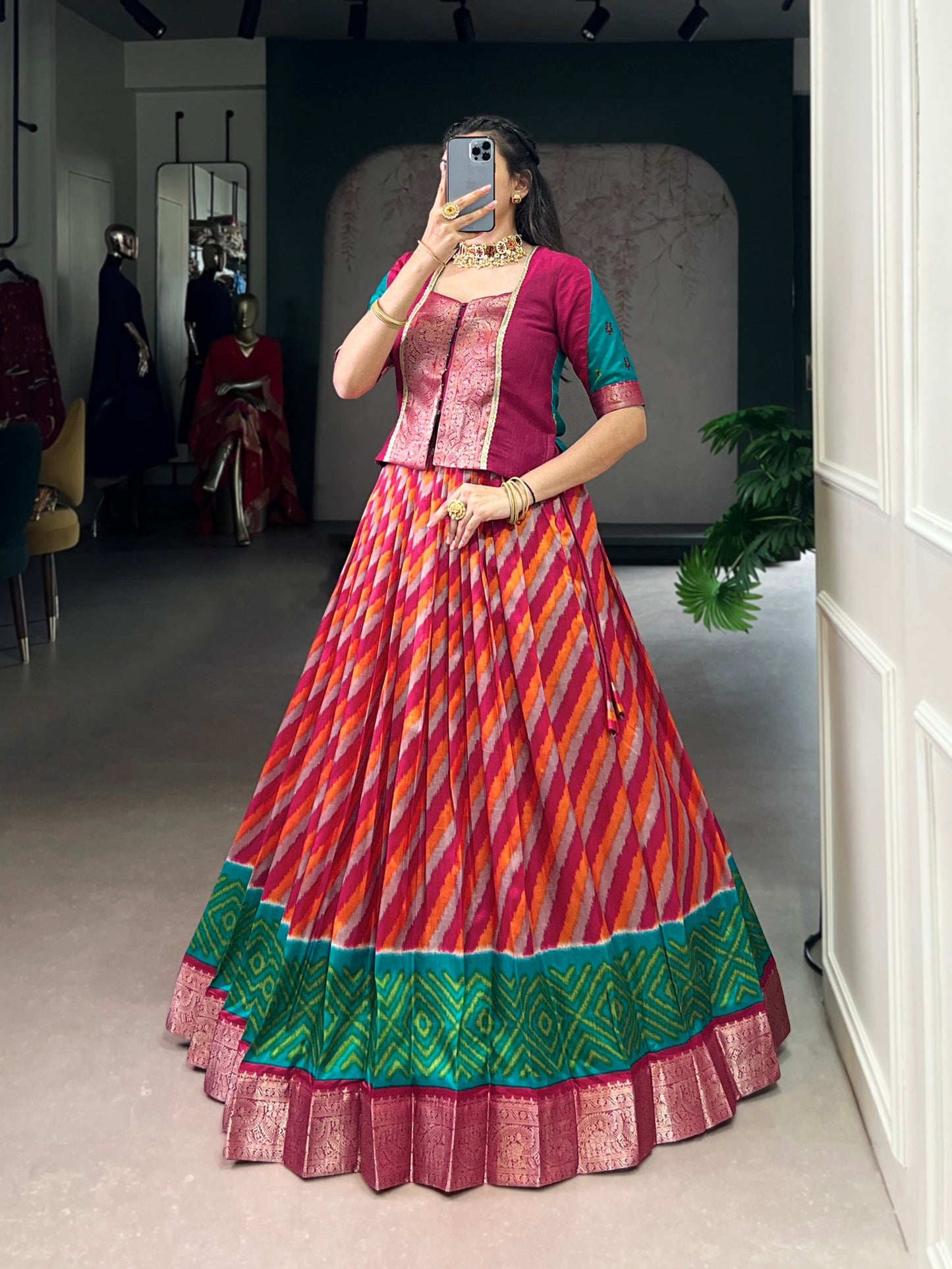 Lorenvalley Fashion Red Tasar Silk Leheriya Print With Zari Weaving Work Lehenga Choli - Swadesiicart
