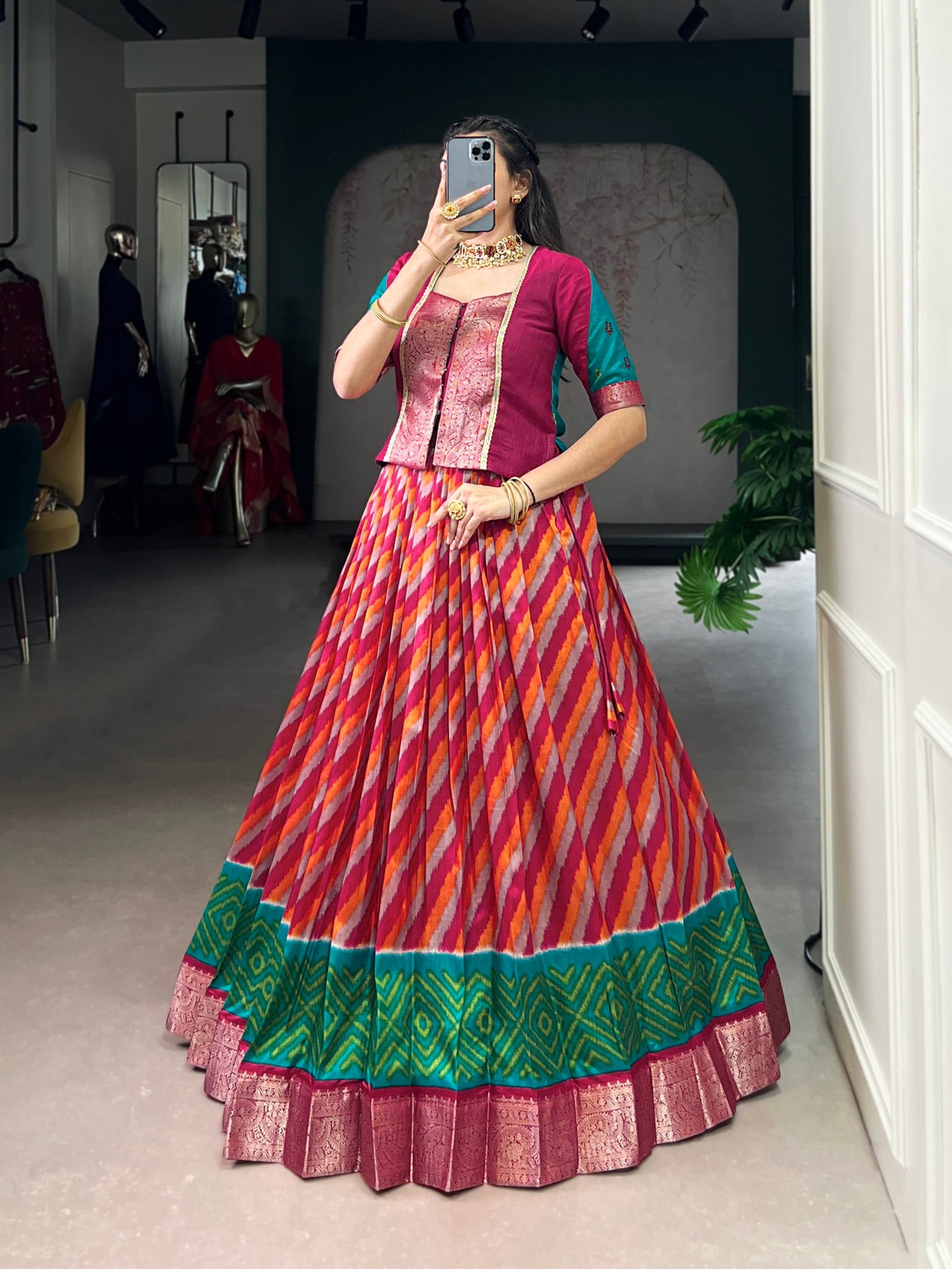 Lorenvalley Fashion Red Tasar Silk Leheriya Print With Zari Weaving Work Lehenga Choli - Swadesiicart