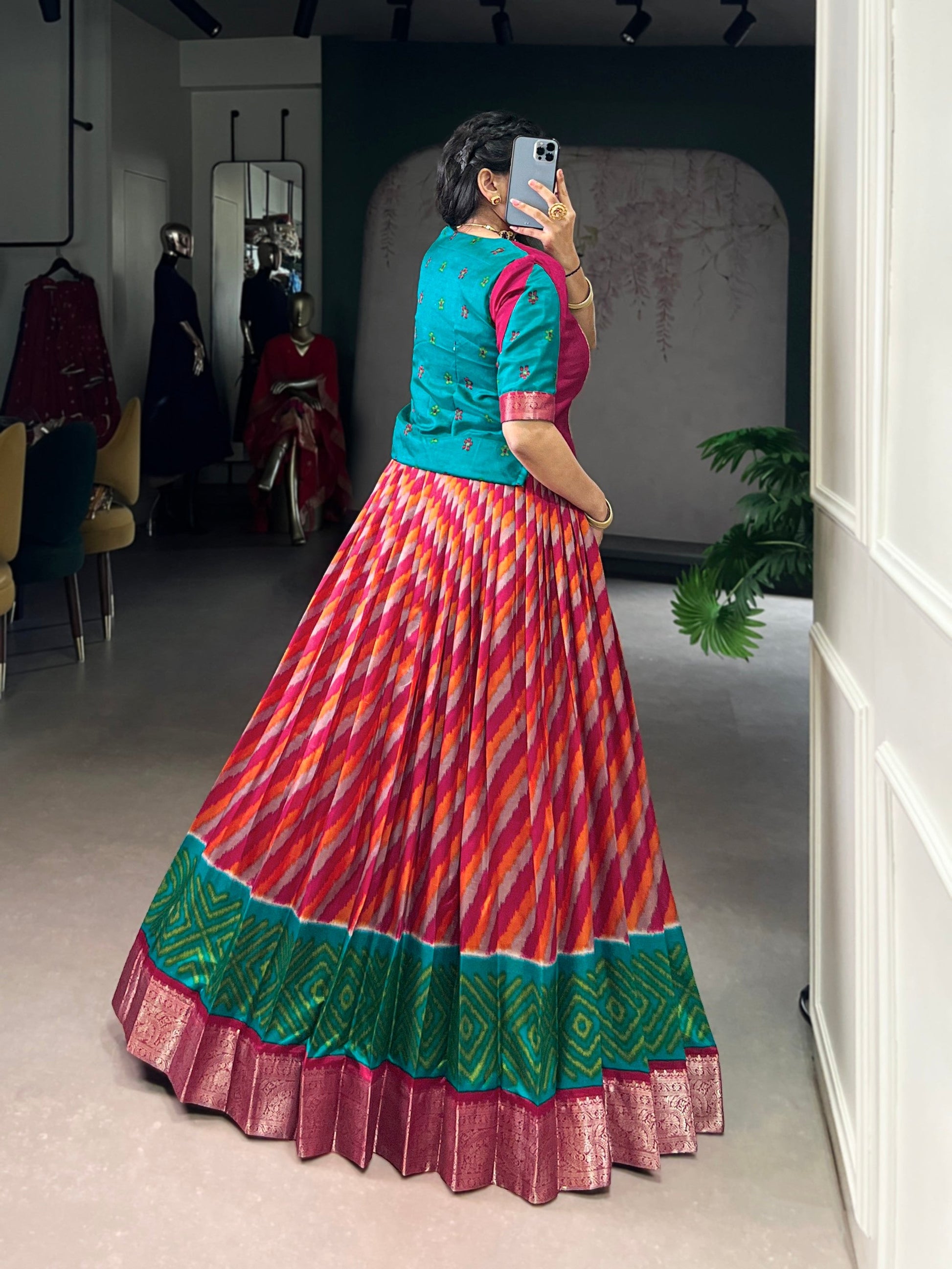 Lorenvalley Fashion Red Tasar Silk Leheriya Print With Zari Weaving Work Lehenga Choli - Swadesiicart