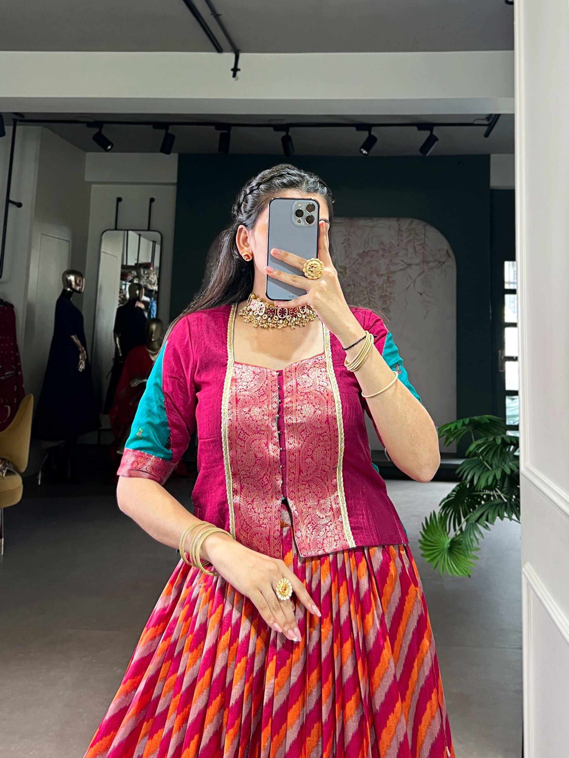Lorenvalley Fashion Red Tasar Silk Leheriya Print With Zari Weaving Work Lehenga Choli - Swadesiicart