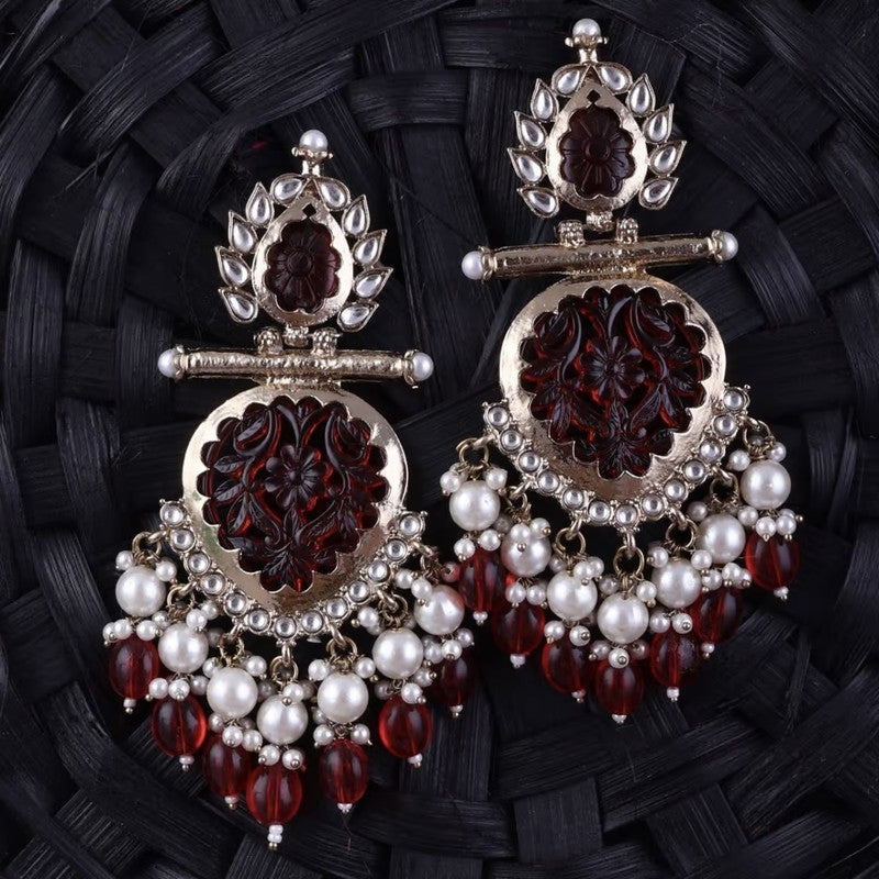 Tehzeeb Creations Latest Gold Polish Kundan & Pearl Studded Designer Drop Long Earrings For Women And Girls Maroon | Swadesiicart