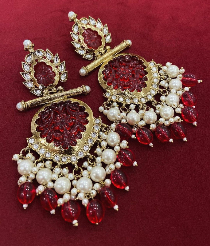 Tehzeeb Creations Latest Gold Polish Kundan & Pearl Studded Designer Drop Long Earrings For Women And Girls Maroon | Swadesiicart
