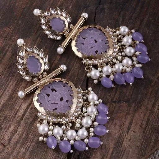 Tehzeeb Creations Latest Gold Polish Kundan & Pearl Studded Designer Drop Long Earrings For Women And Girls Lavender | Swadesiicart