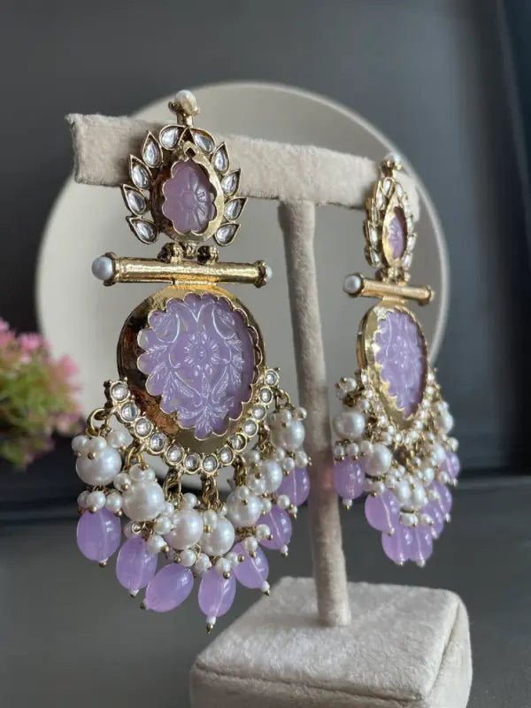 Tehzeeb Creations Latest Gold Polish Kundan & Pearl Studded Designer Drop Long Earrings For Women And Girls Lavender | Swadesiicart