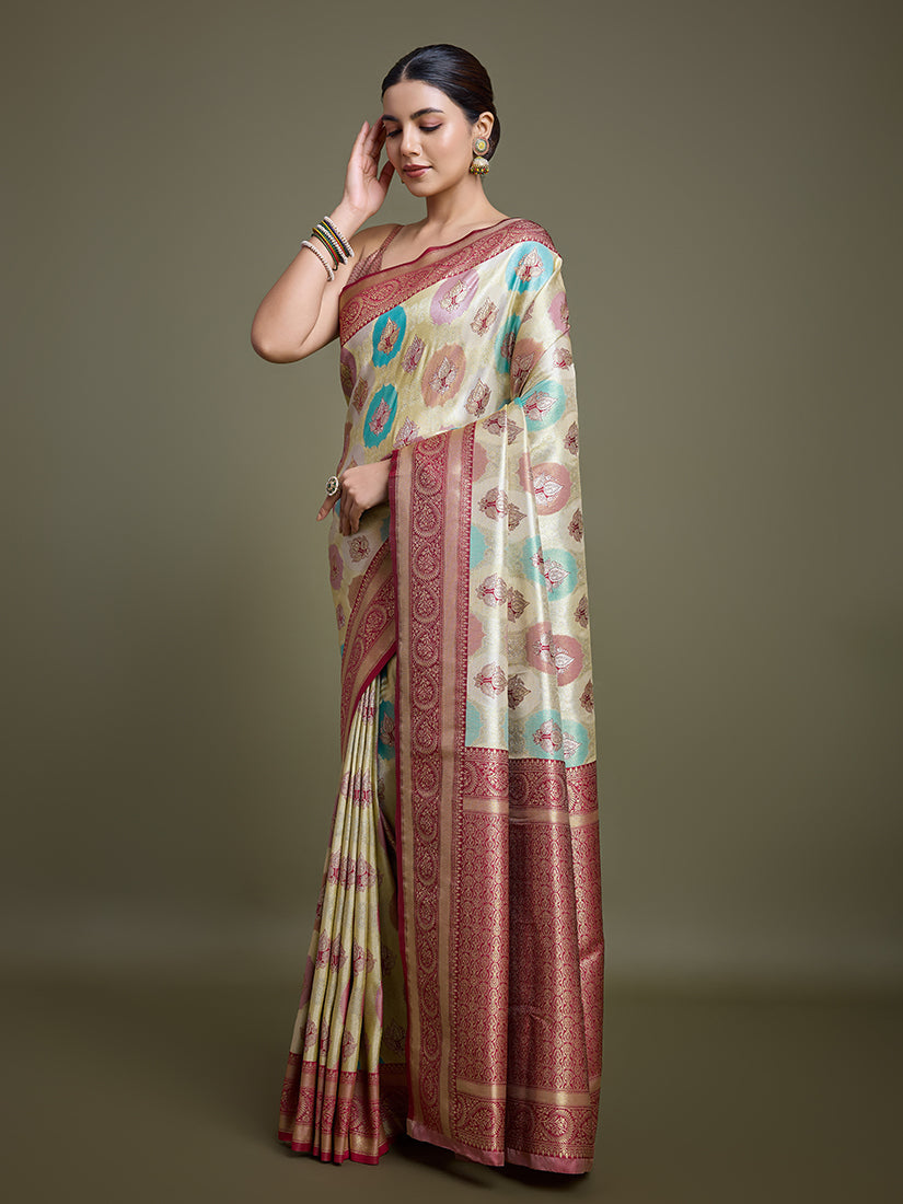 Monjolika Fashion Elegant Maroon And Cream Banarasi Silk SareeWith Intricate Zari Work | Swadesiicart